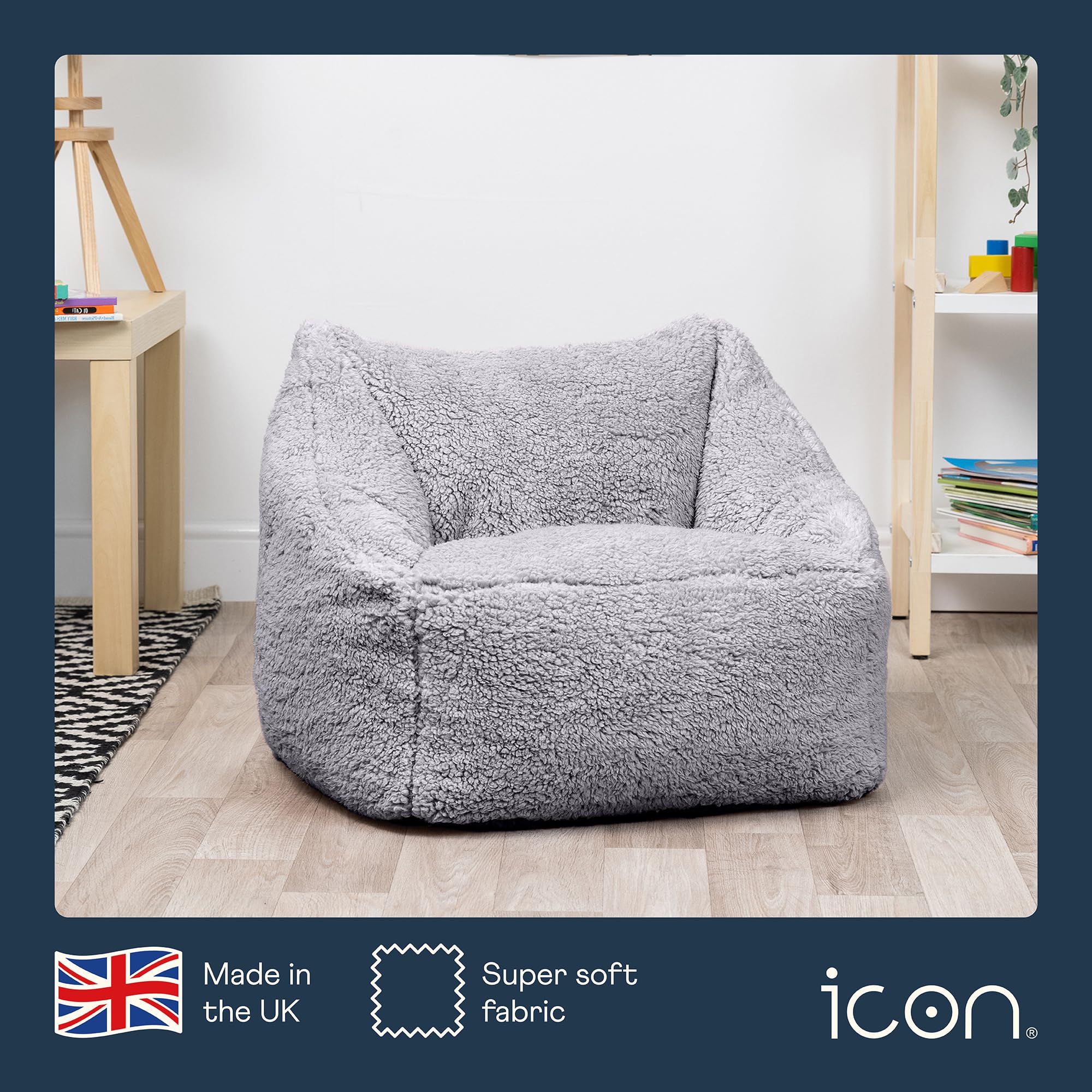 icon Kids Teddy Fleece Bean Bag Chair | Grey Fluffy Armchair with Filling