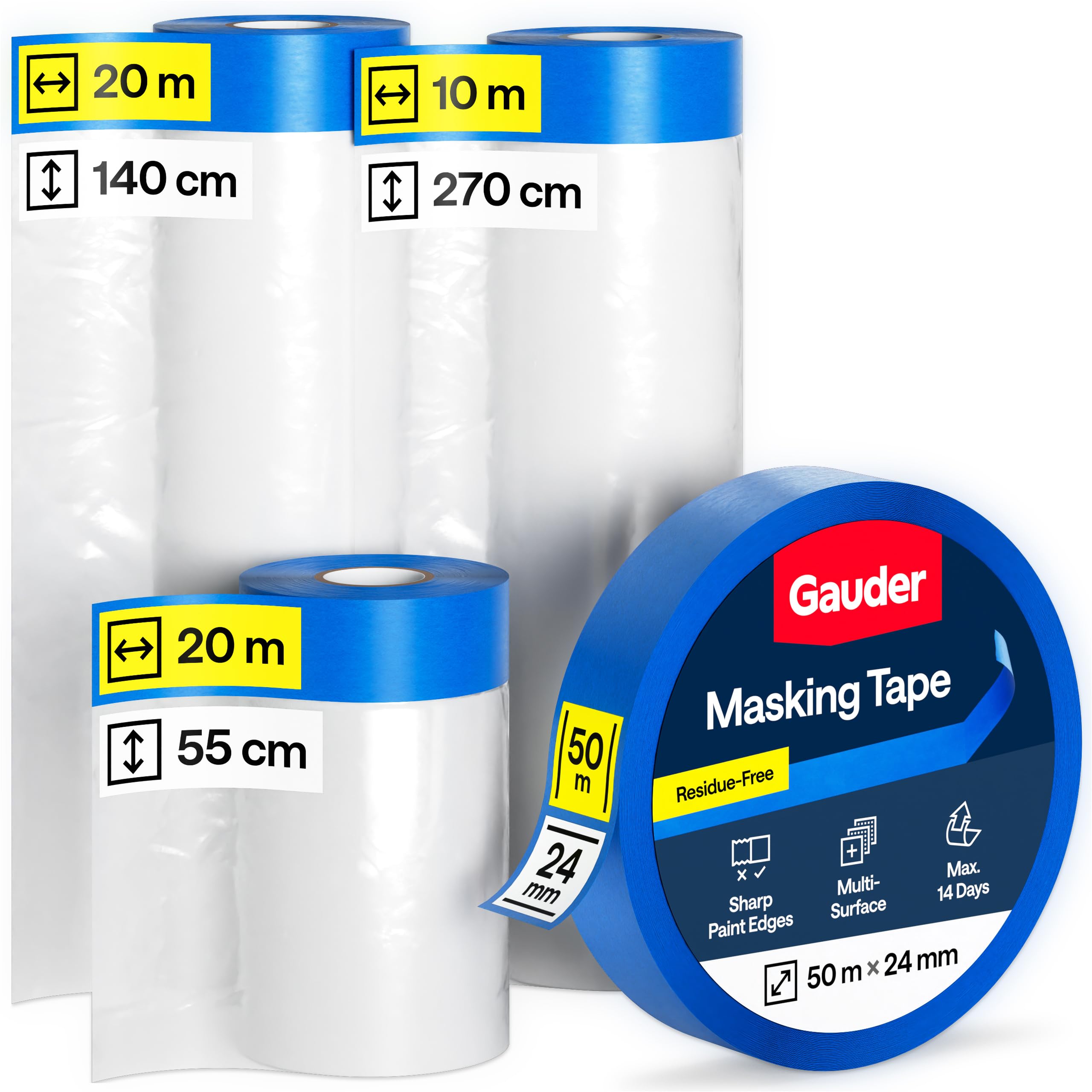 GAUDER Pre-Taped Masking Film Set – 3-Piece Painter's Tape & Film
