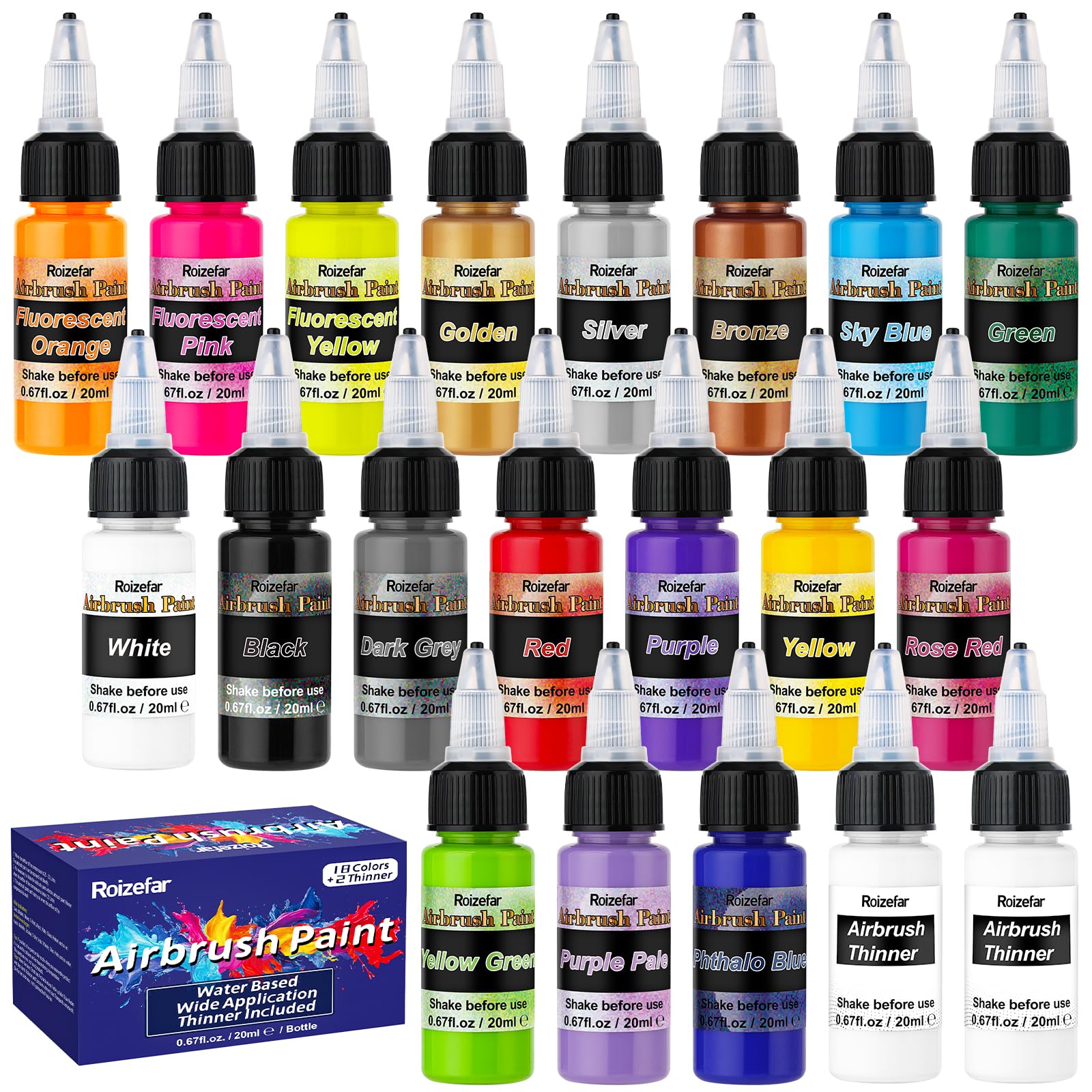 Roizefar Airbrush Paint Kit – 18 Acrylic Colors & 2 Thinners, Water-Based