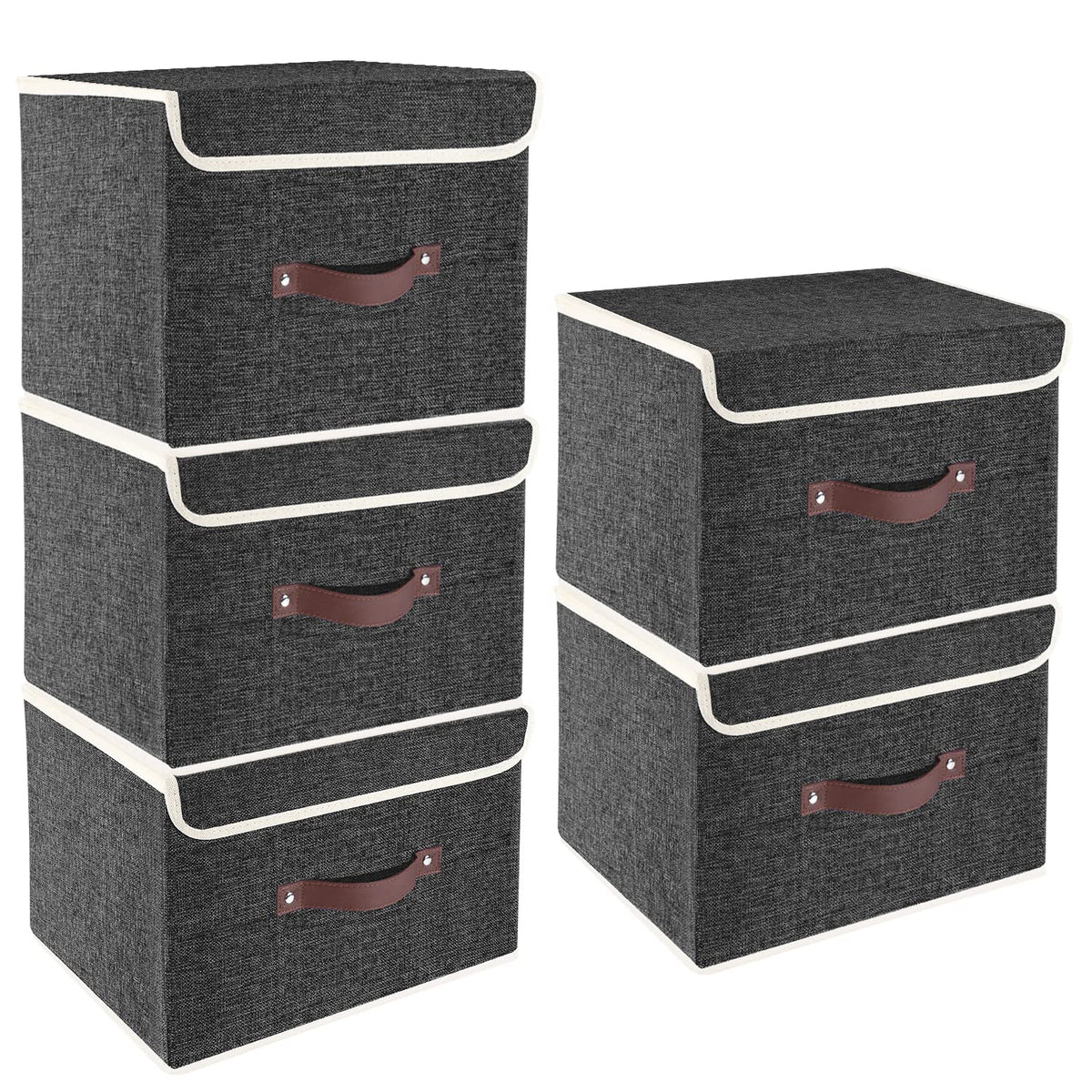 TYEERS Collapsible Storage Box with Lid, Fabric Storage Box for Clothes, Wardrobe Storage, 38x25x25 cm, Set of 5, Black