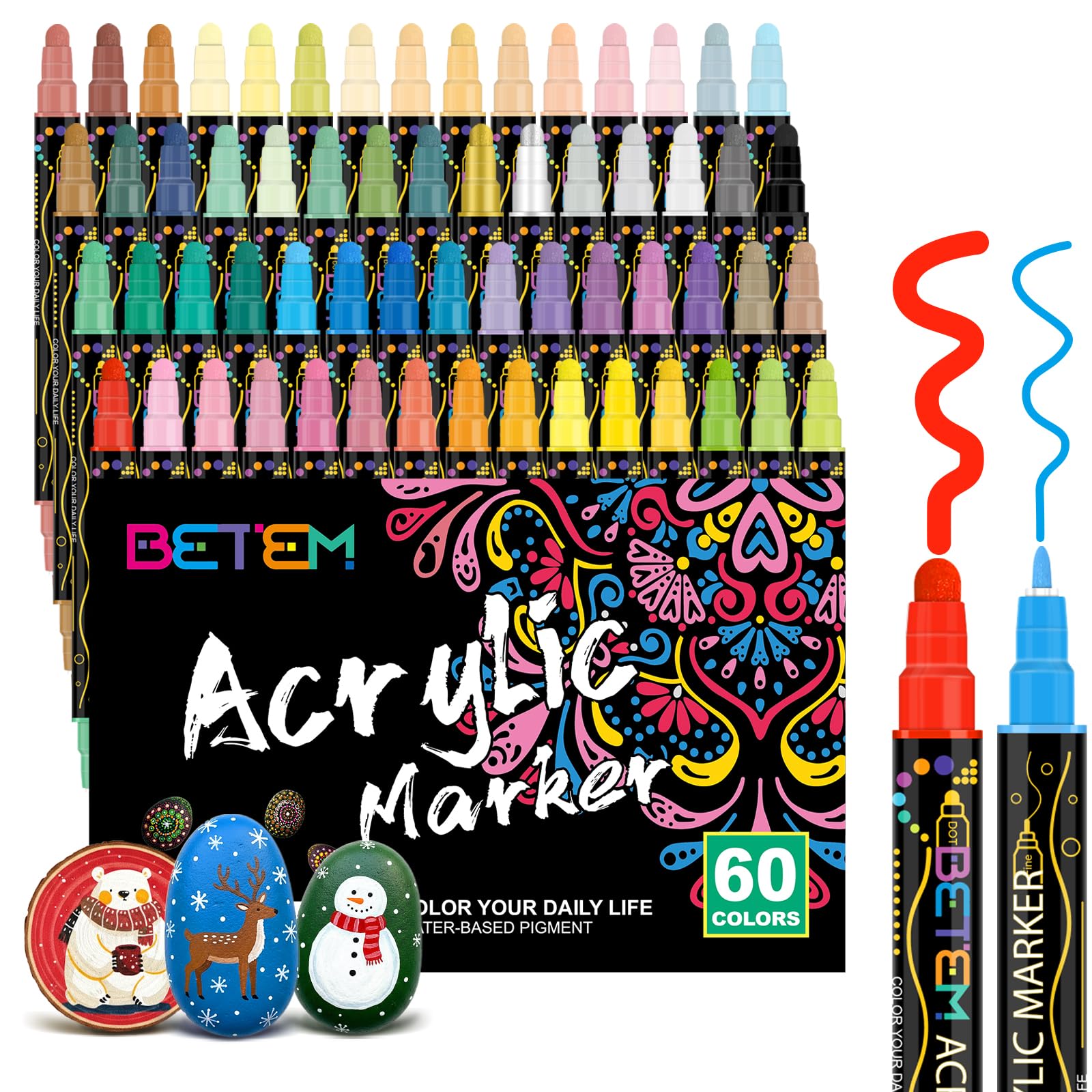 Betem 60 Colors Dual Tip Acrylic Paint Pens for Rock Painting & DIY
