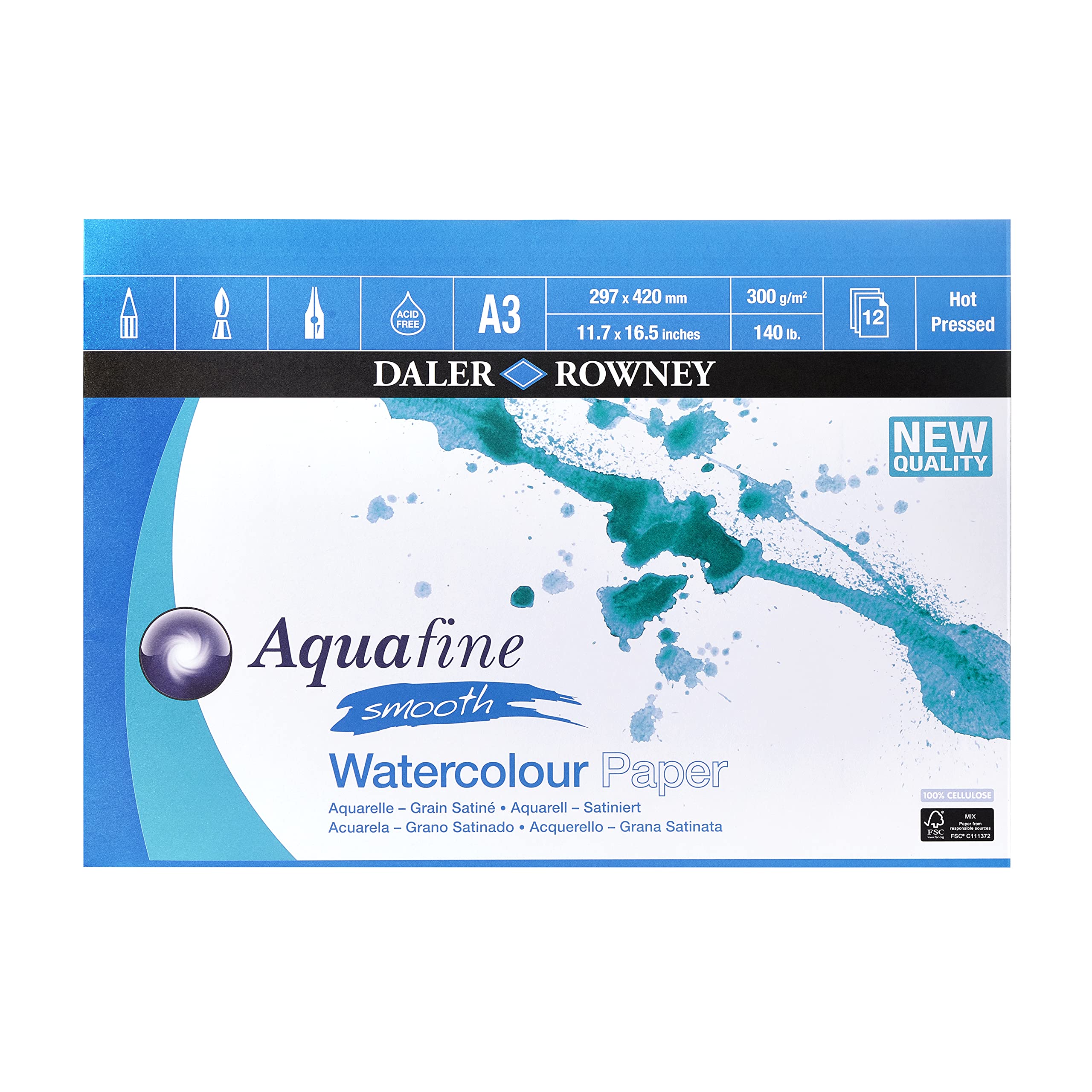Daler-Rowney Aquafine Hot Pressed Watercolour Pad - A3 300gsm 12 Sheets