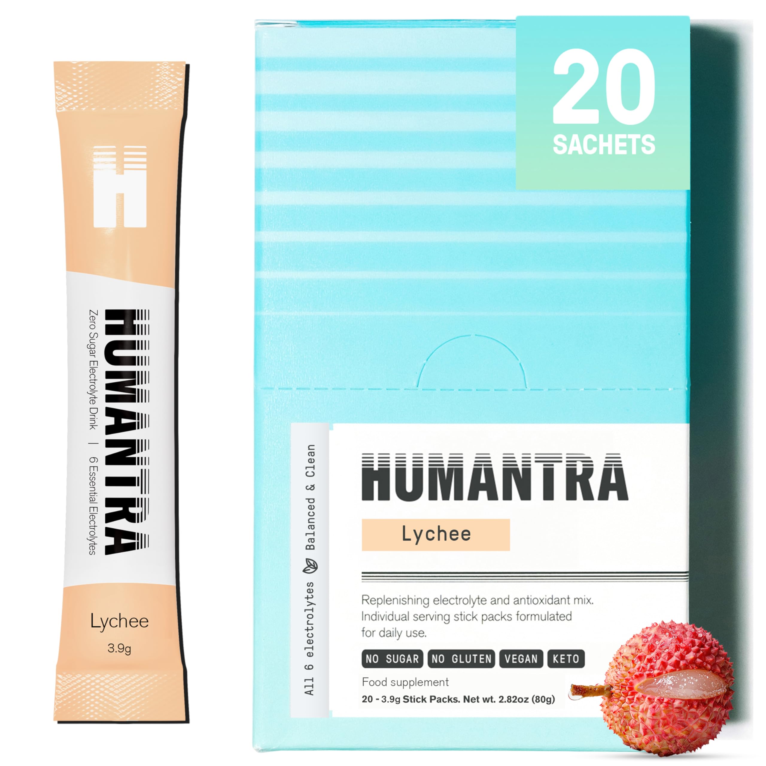Humantra Electrolyte Powder – Lychee Hydration Packets, 20 Count
