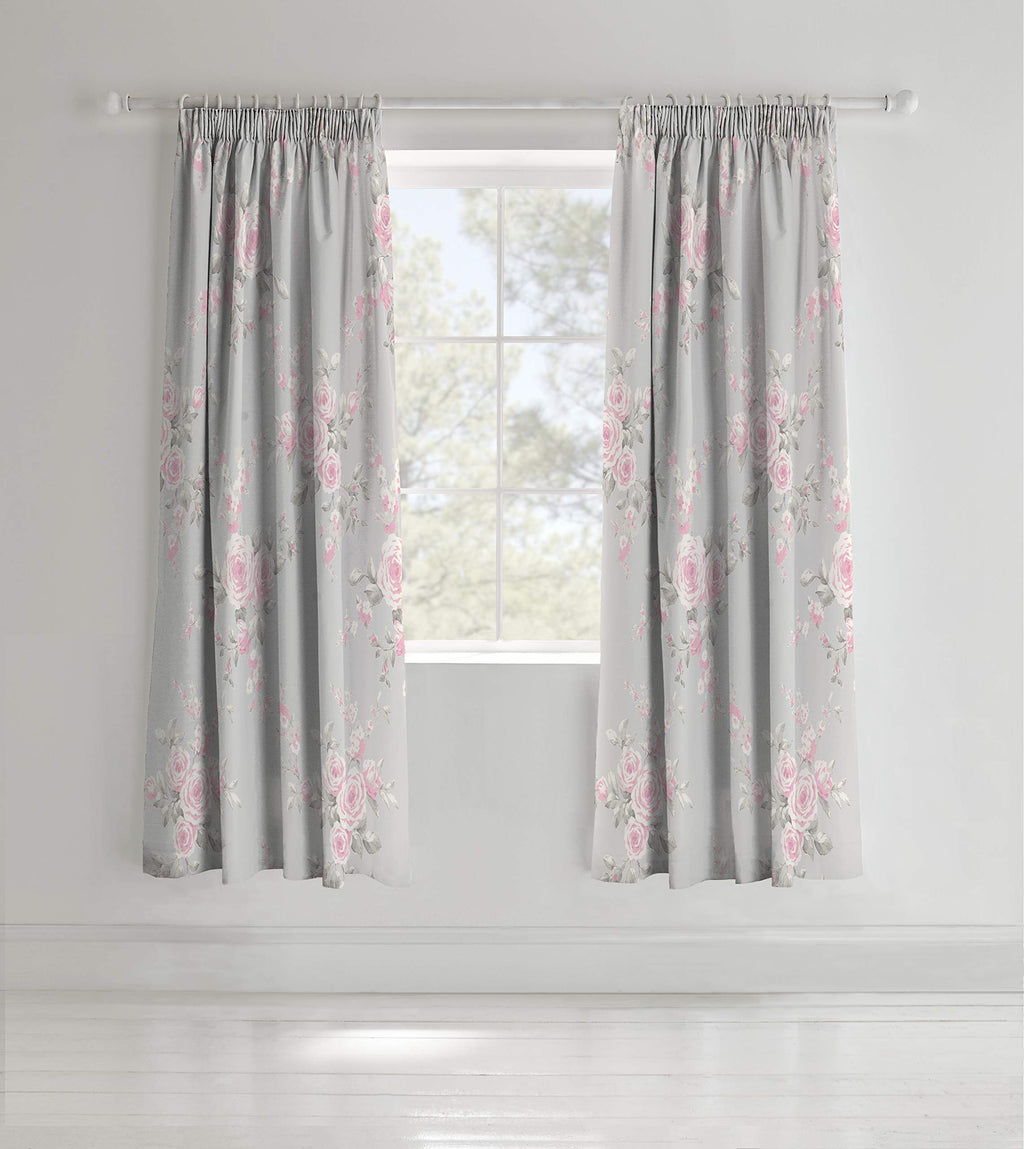 Catherine Lansfield Canterbury Floral Lined Eyelet Curtains - Grey