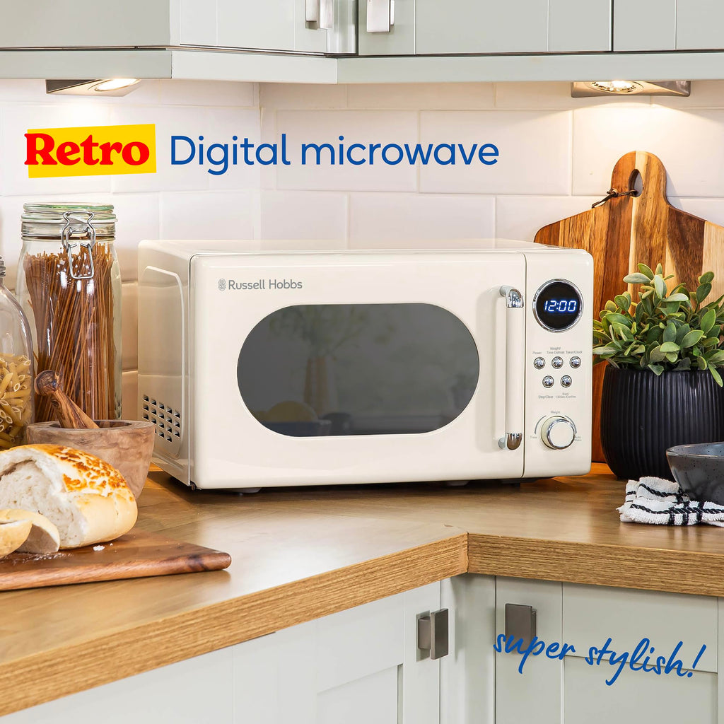 Russell Hobbs Retro Digital Microwave – 20L, 800W, Cream Mirror Finish