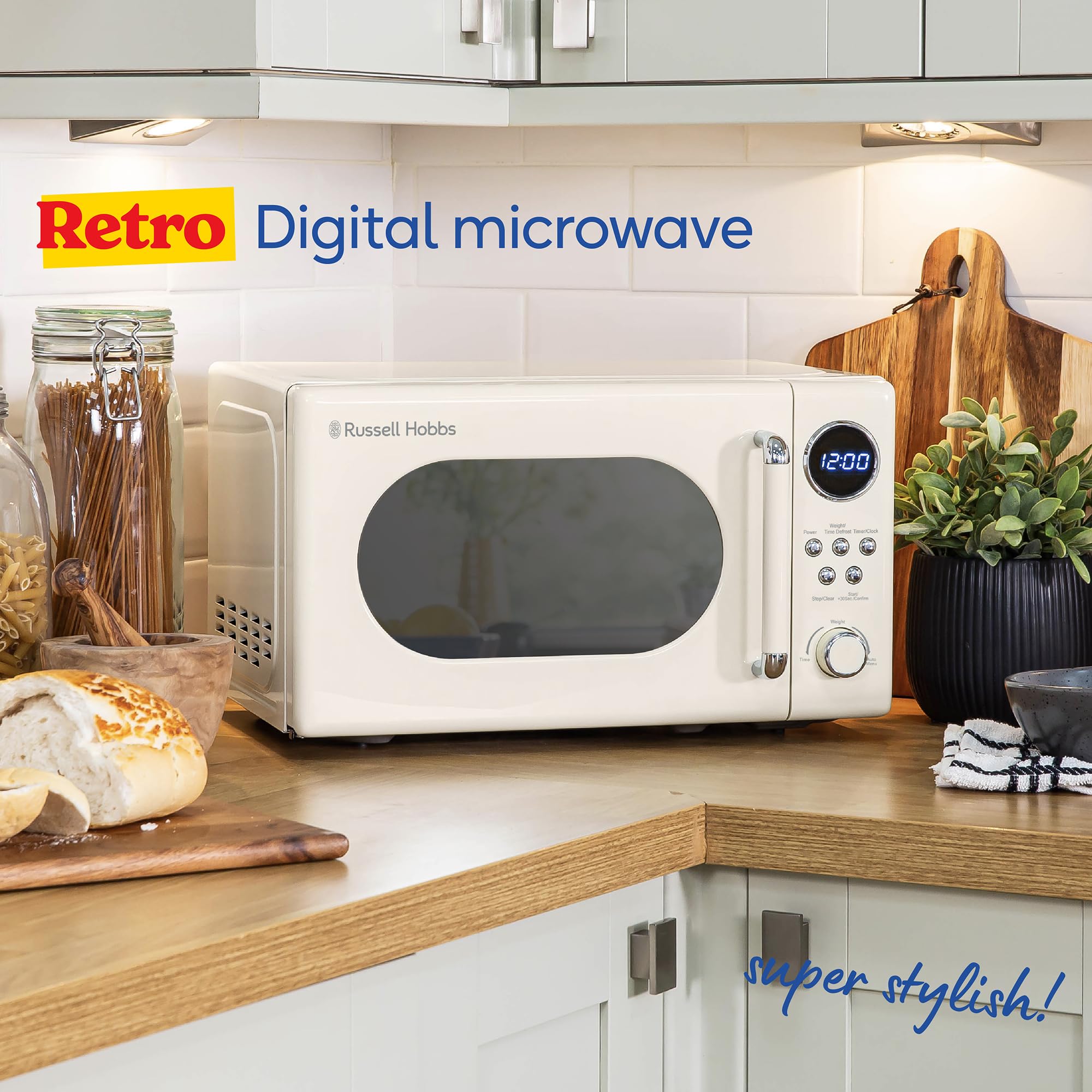 Russell Hobbs Retro Digital Microwave – 20L, 800W, Cream Mirror Finish