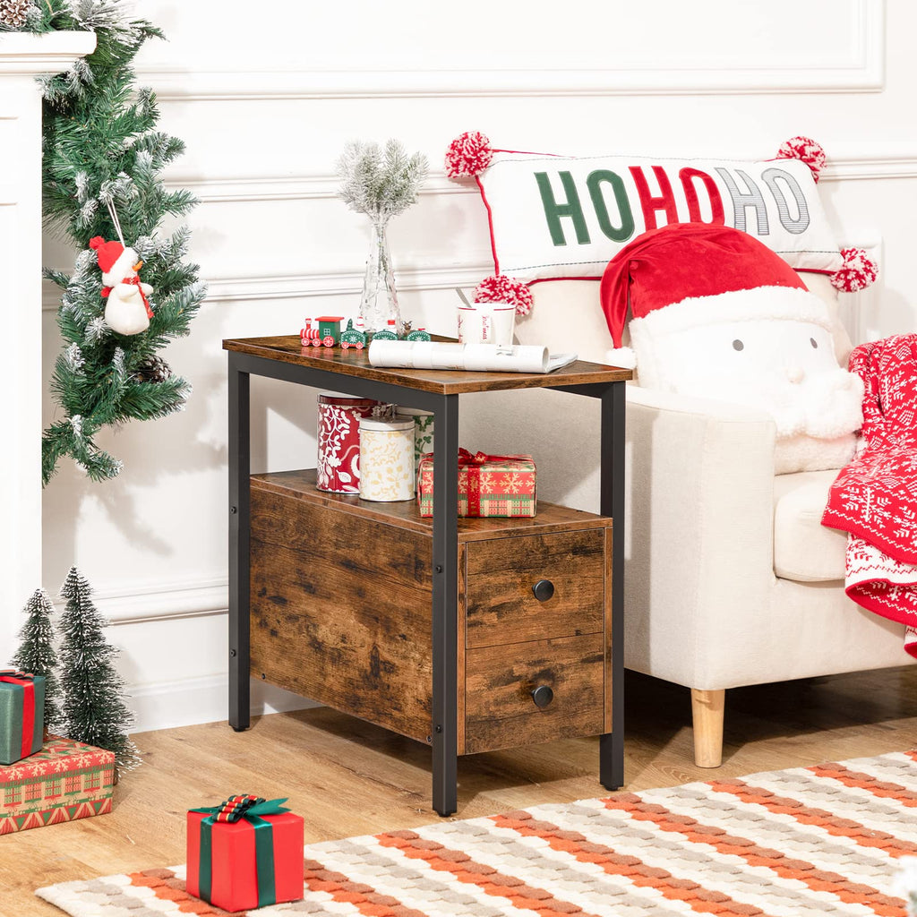 HOOBRO Narrow Side Table - Industrial Slim Bedside Table with 2 Drawers