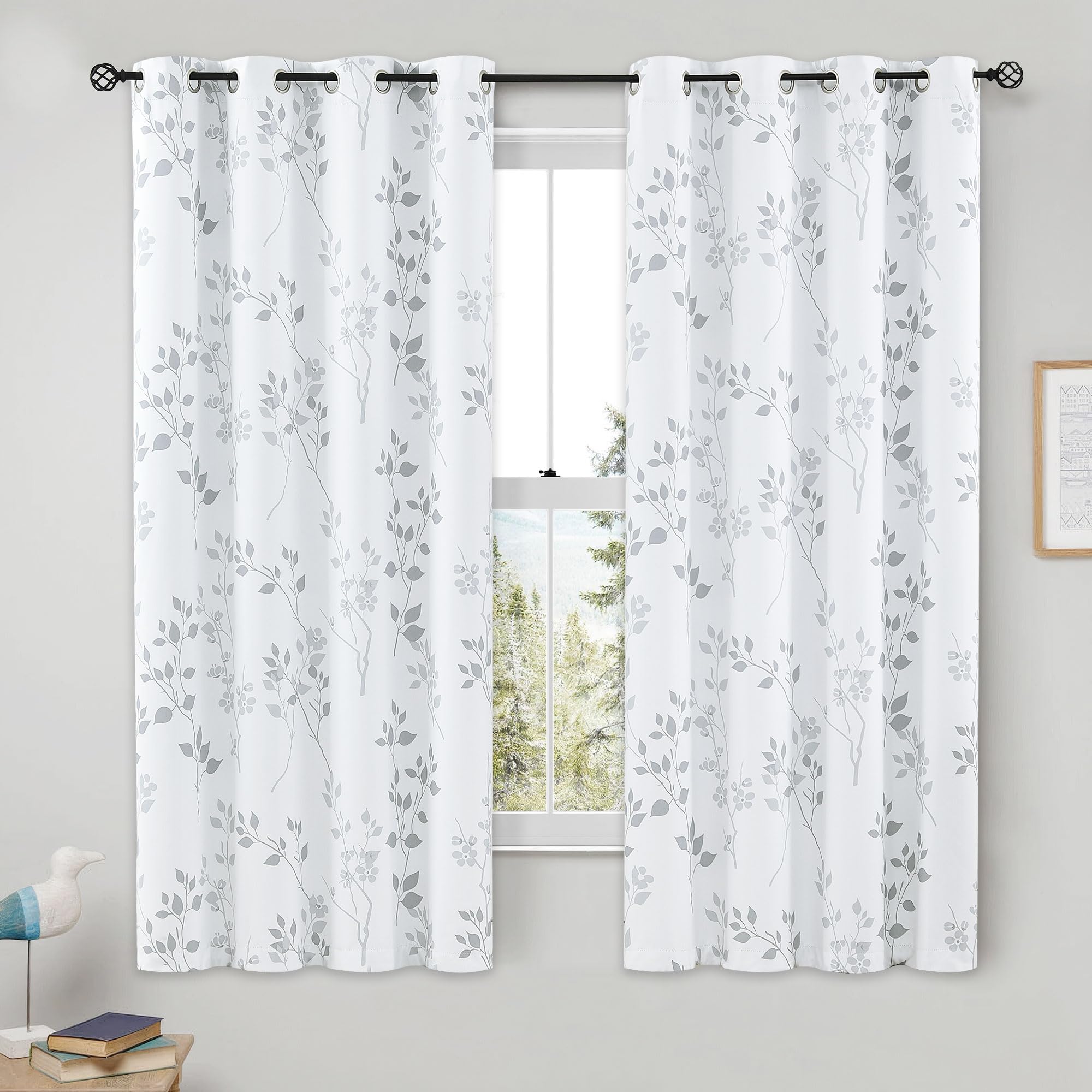 Jolof Store Grey Floral Blackout Curtains – Thermal Leaf Print Drapes
