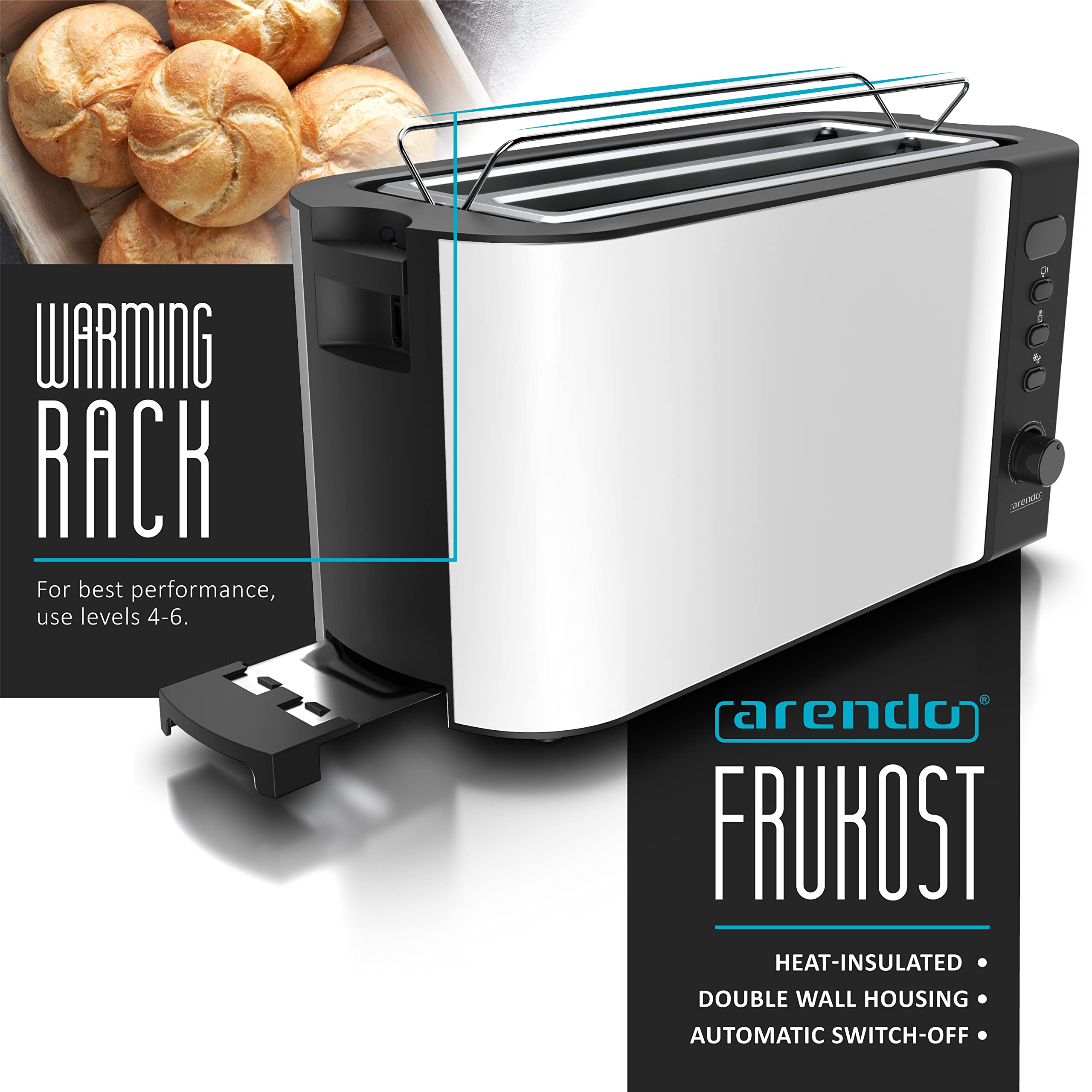 Arendo Frukost 4-Slice Long Slot Toaster – Stainless Steel & Timer