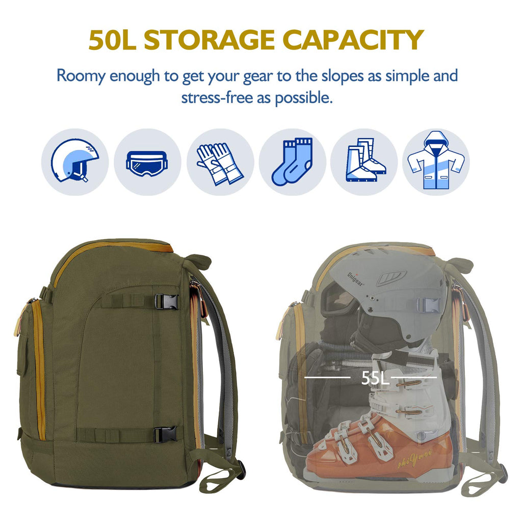Unigear Ski Boot Bag | 50L Waterproof Snowboard Backpack with Helmet Storage