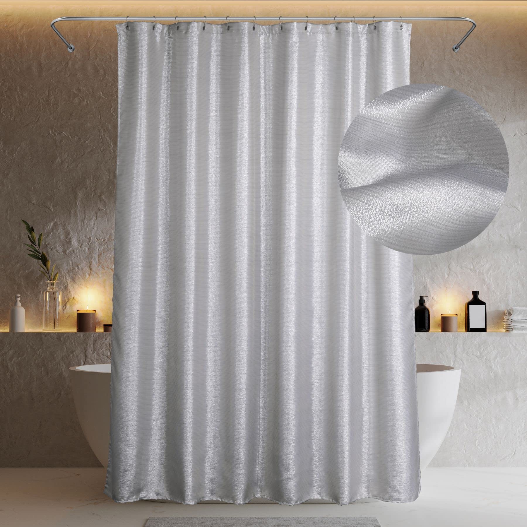 Popkozzi Silver Grey Glitter Shower Curtain | Metallic Shimmer Fabric