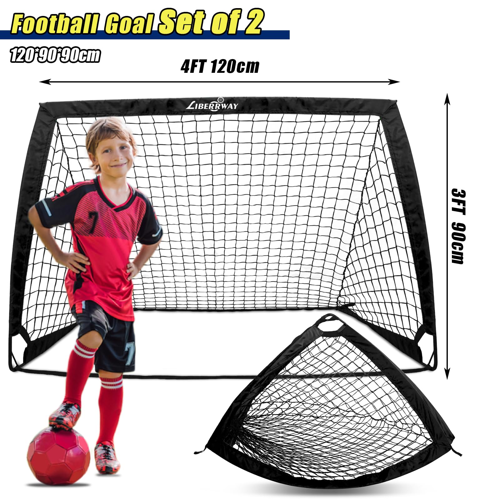 LIBERRWAY 4'x3' Foldable Football Goals for Kids - Set of 2 Portable Nets
