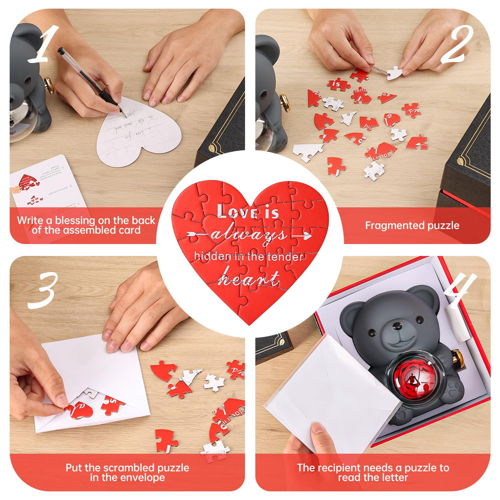 Ariceleo Teddy Bear with Preserved Rose, Jewelry Box & Necklace – Grey
