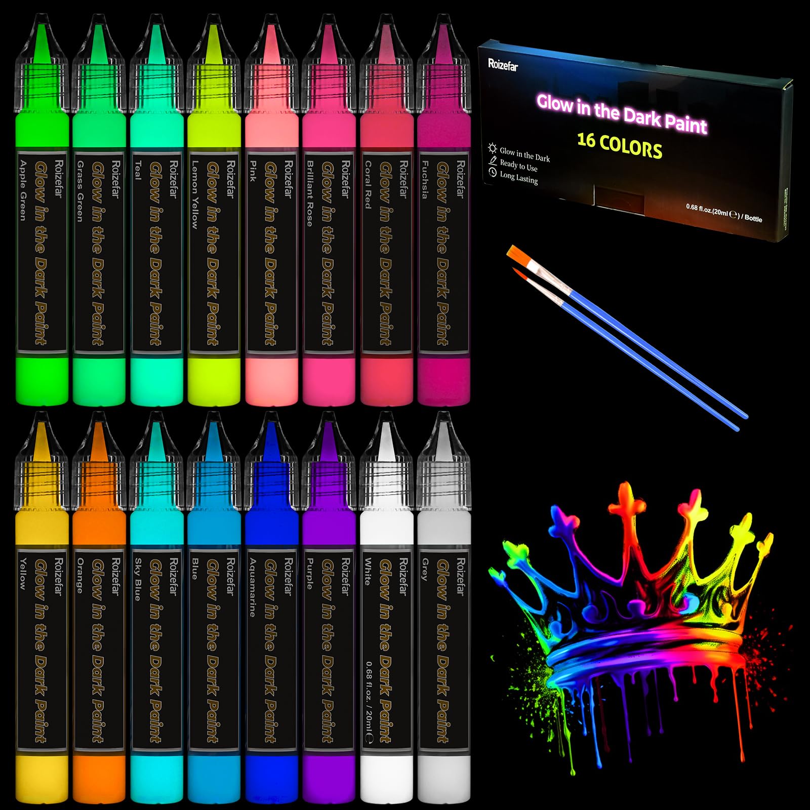 Roizefar Glow in the Dark Fabric Paint - 16 Colors Luminous Pen Set