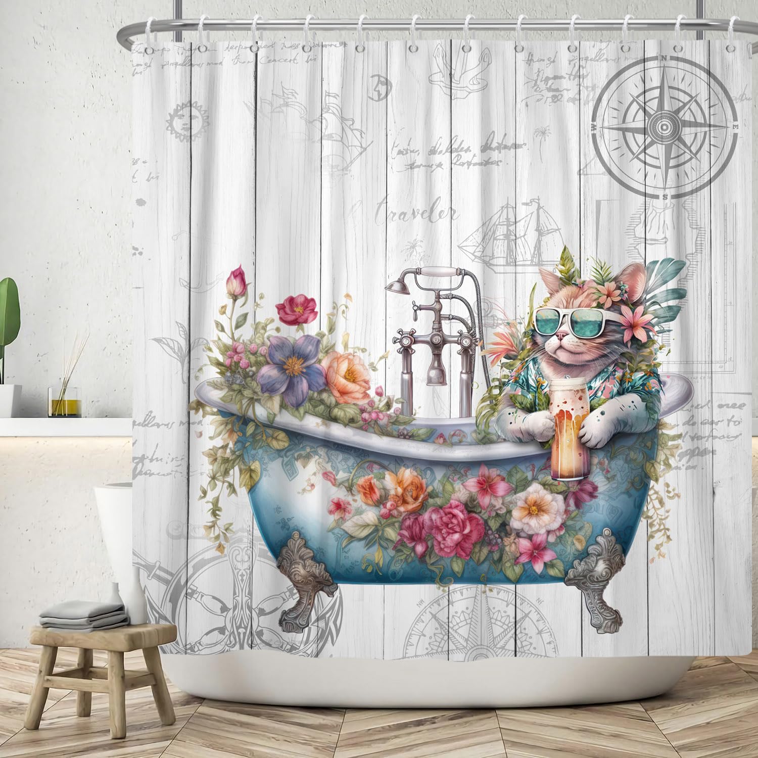 Jolof Store Funny Cat Vintage Wood Shower Curtain - 180x200cm Polyester