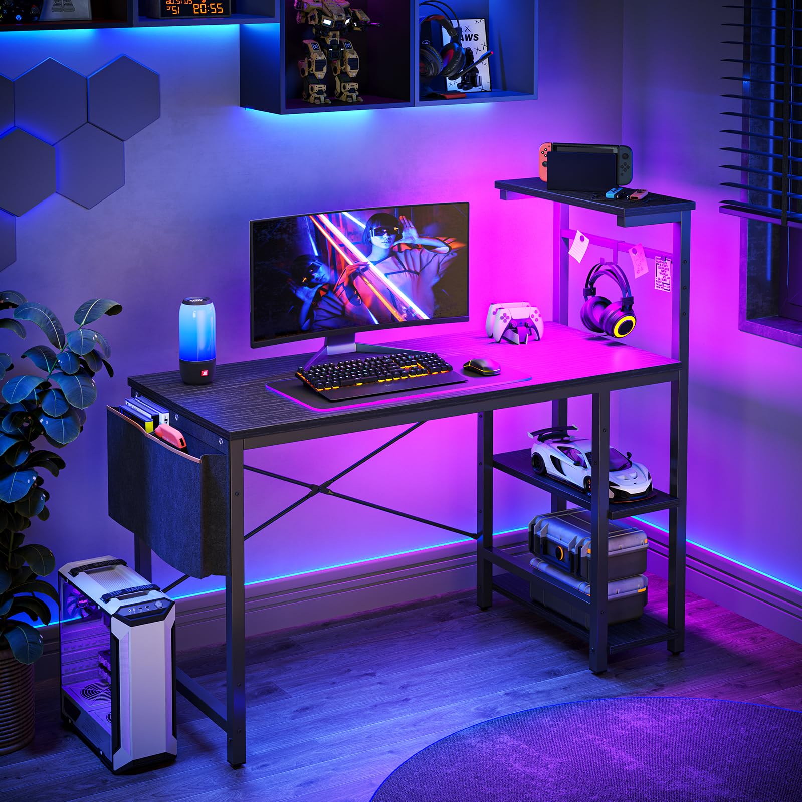 Bestier Small Corner Computer Desk with LED Lights & Storage - 113CM