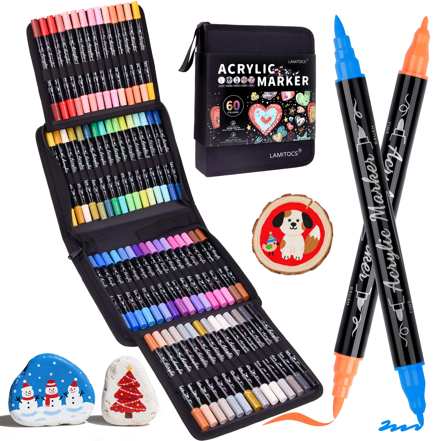 Lamitocs Acrylic Paint Pens | 60 Colors Dual Tip Markers for Rock Art