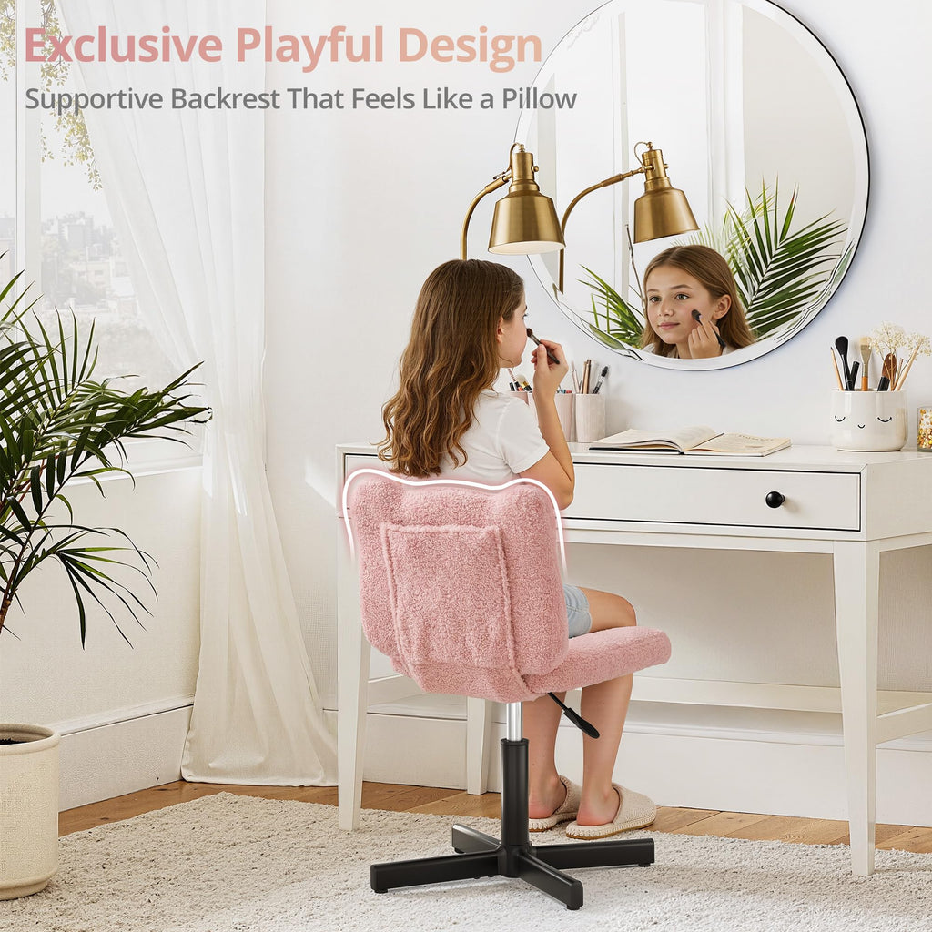 LUE BONA 360° Swivel Vanity Stool with Bear Ear Backrest, Height Adjustable Teddy Velvet Dressing Table Chair, Pink - image 4