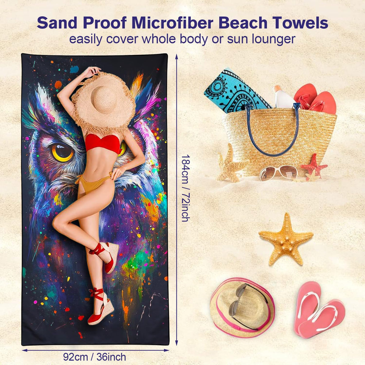 Violetpos Neon Owl Dragon Beach Towel, Extra Large 180x90 cm 250GSM Microfibre, Sand Free Quick Dry - image 5