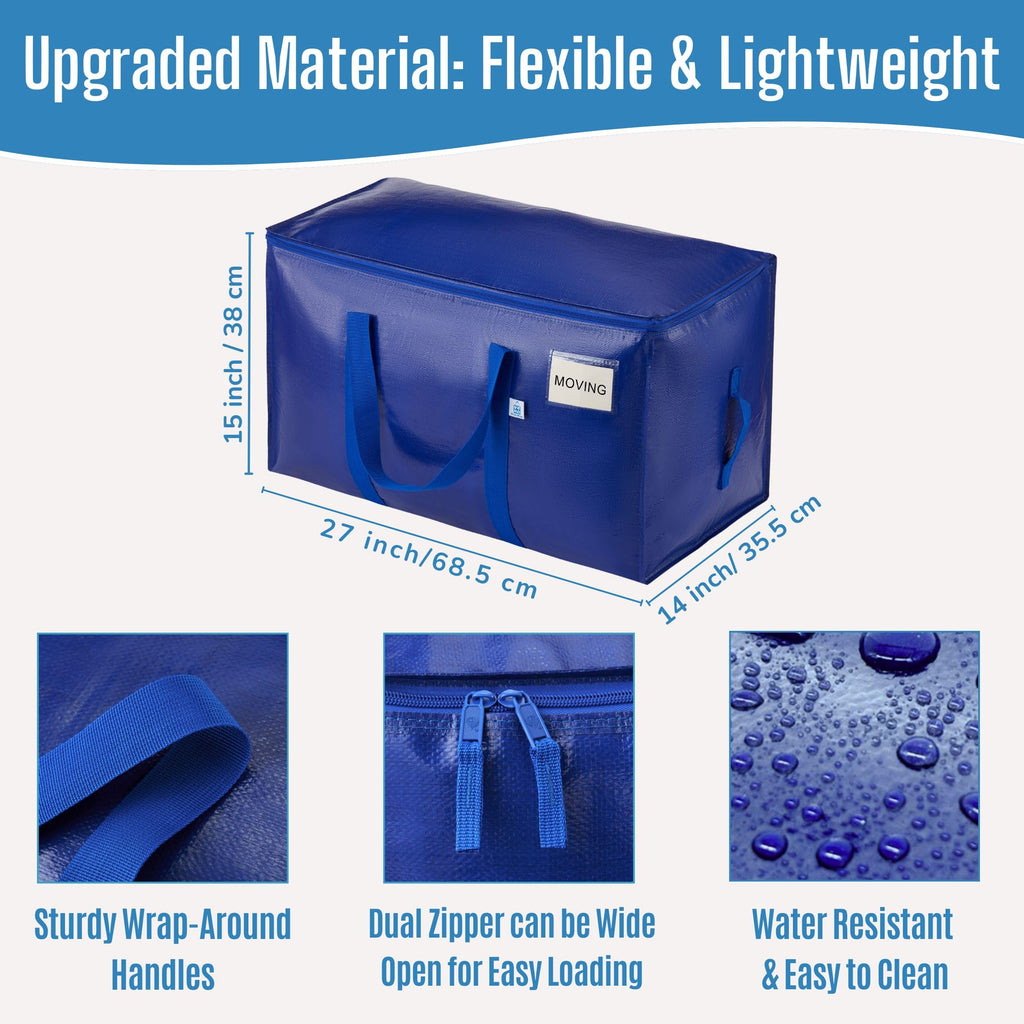VENO 6 Pack Extra Large Moving Bags with Zippers & Carrying Handles, Heavy-Duty Storage Tote Moving Boxes for Space Saving Blue-6 Pack