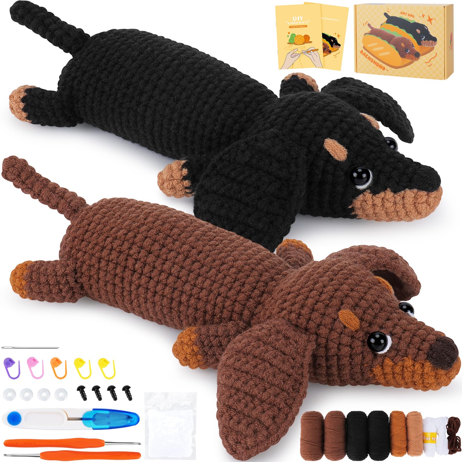 Jolof Store Dachshund Crochet Kit for Beginners | 2-Pack DIY Animal Set