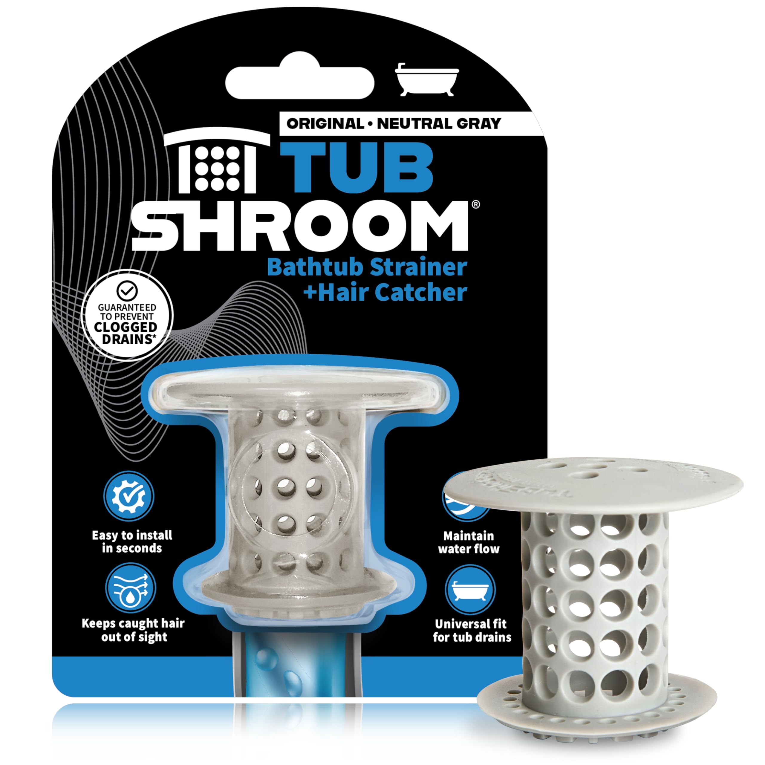 TubShroom Silicone Tub Drain Protector | Hair Catcher Strainer, Grey