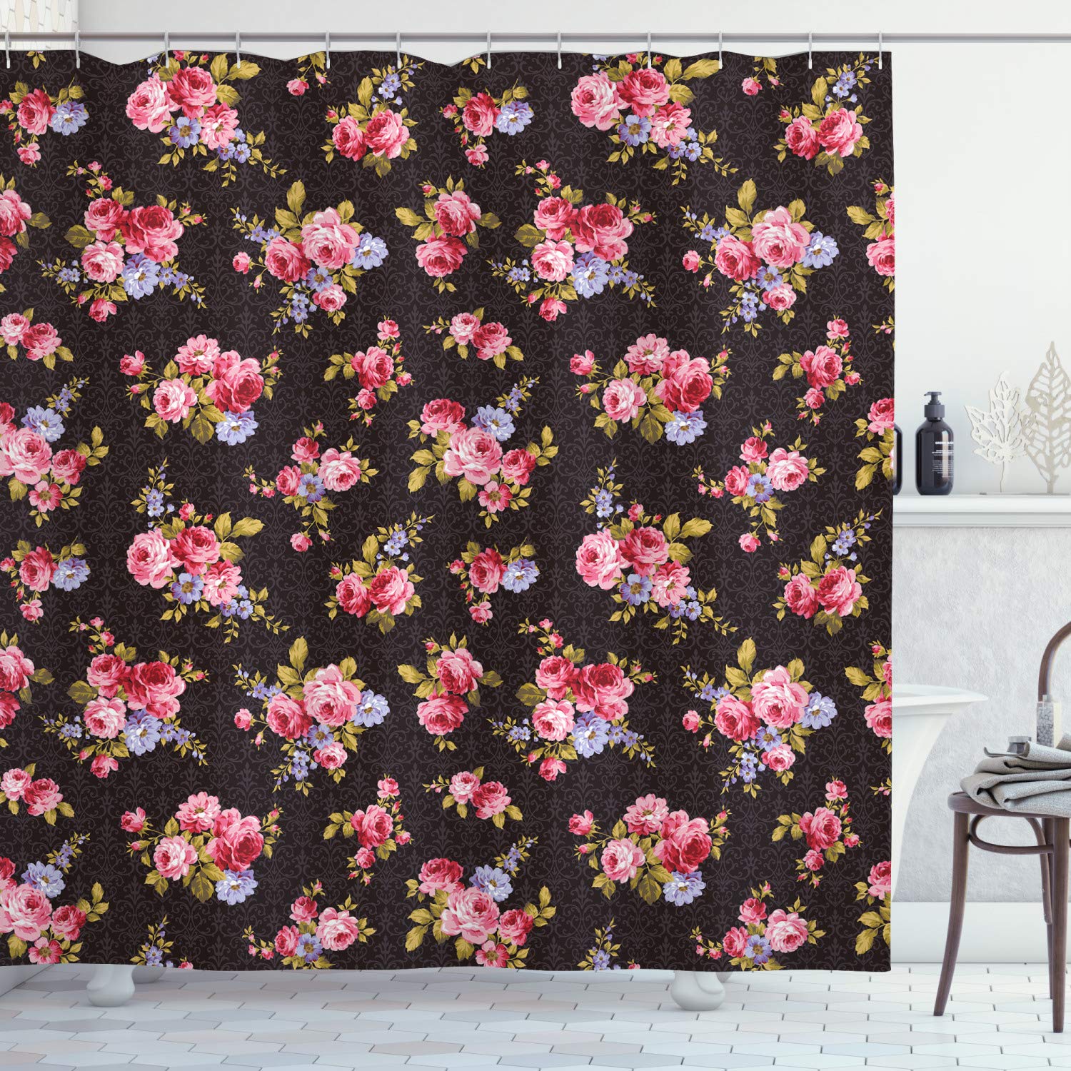 ABAKUHAUS Rose Floral Shower Curtain – Vintage Fabric Bathroom Decor Set