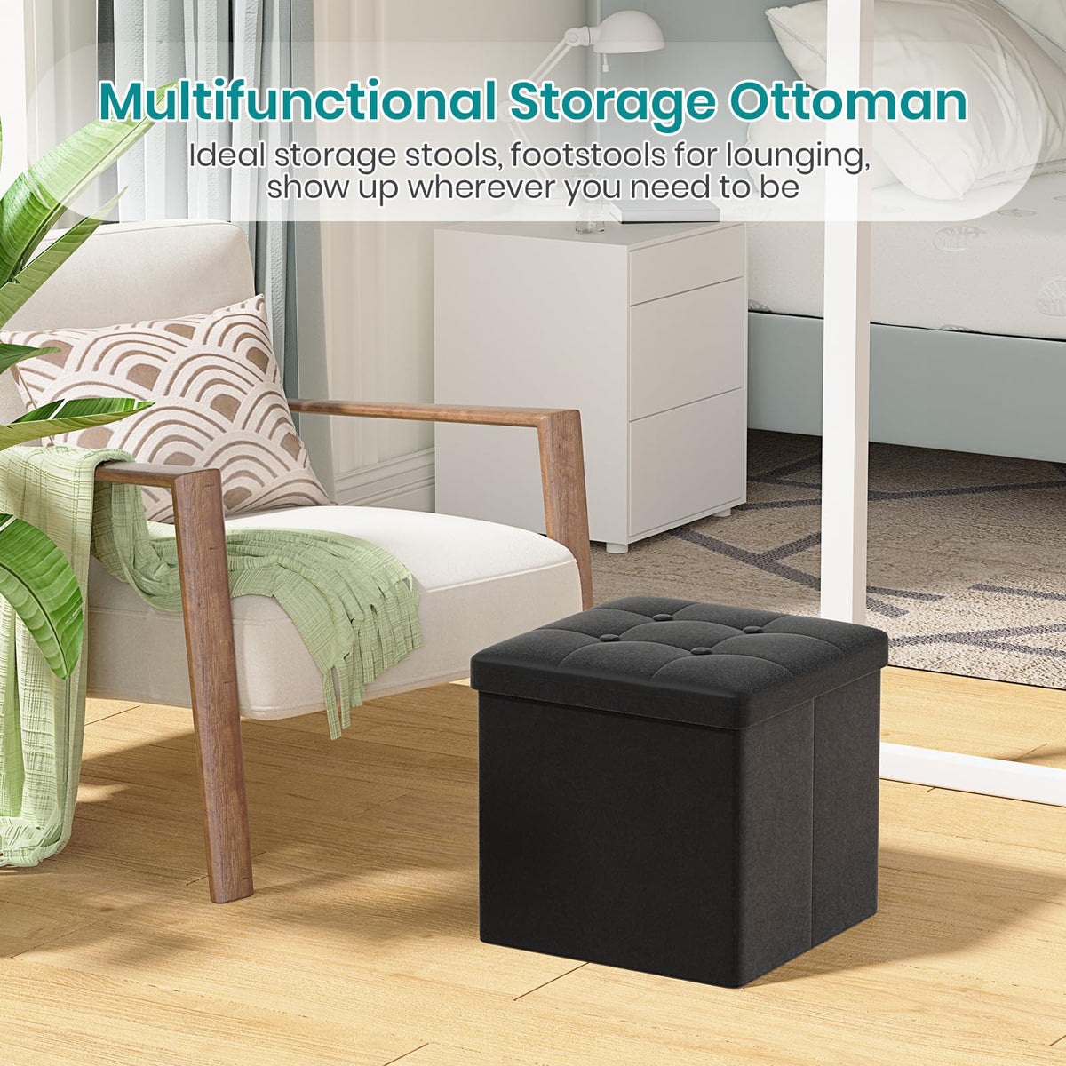 Oak & Tea Storage Ottoman, Foldable Storage Bench, Small Footrest, Cube Storage Unit, 1 Storage Boxes with Lid, Footstool - image 2