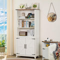 LELELINKY 70in Tall Bookshelf 5 Tier Bookcase with Barn Doors and Adjustable Shelves, White Farmhouse Book Shelf with Storage Cabinet - image 1