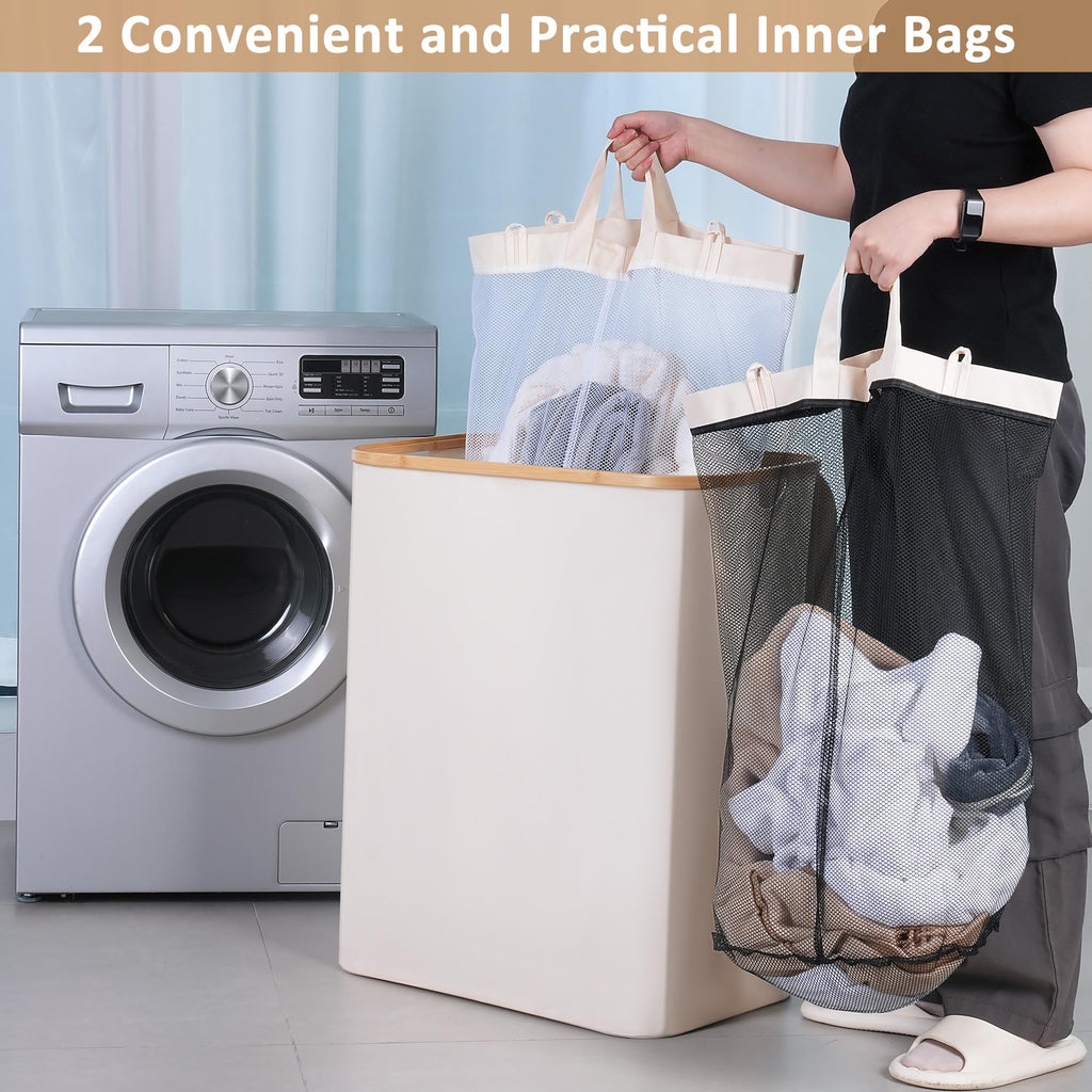 iEGrow 150L Double Laundry Basket with Lid and Bamboo Handles – Beige