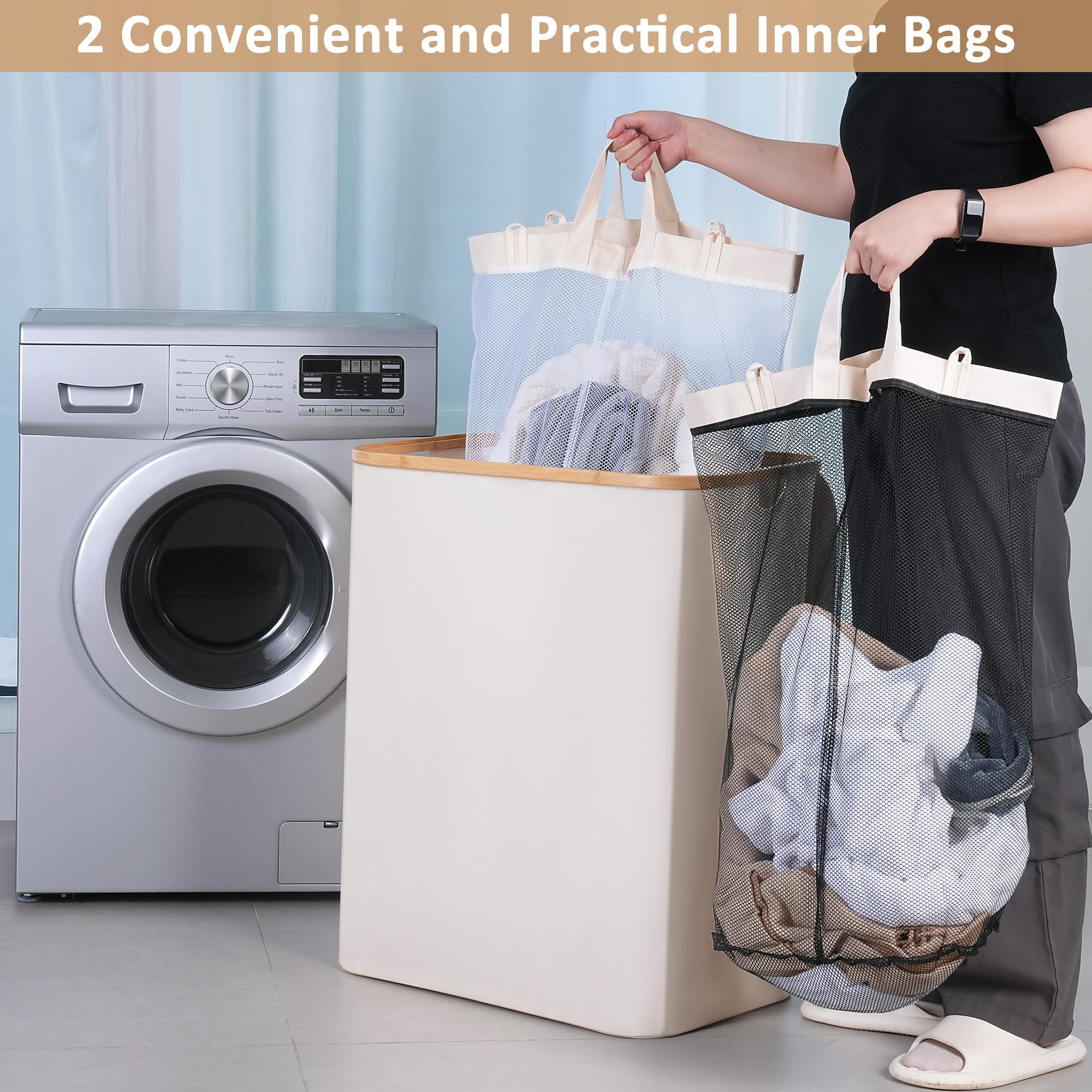 iEGrow 150L Double Laundry Basket with Lid and Bamboo Handles – Beige