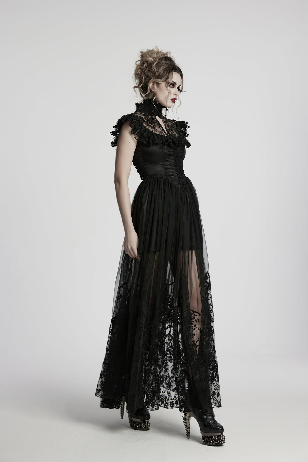 Punk Rave Seraphina Goth Dress – Velvet Floral Mesh Flying Sleeve