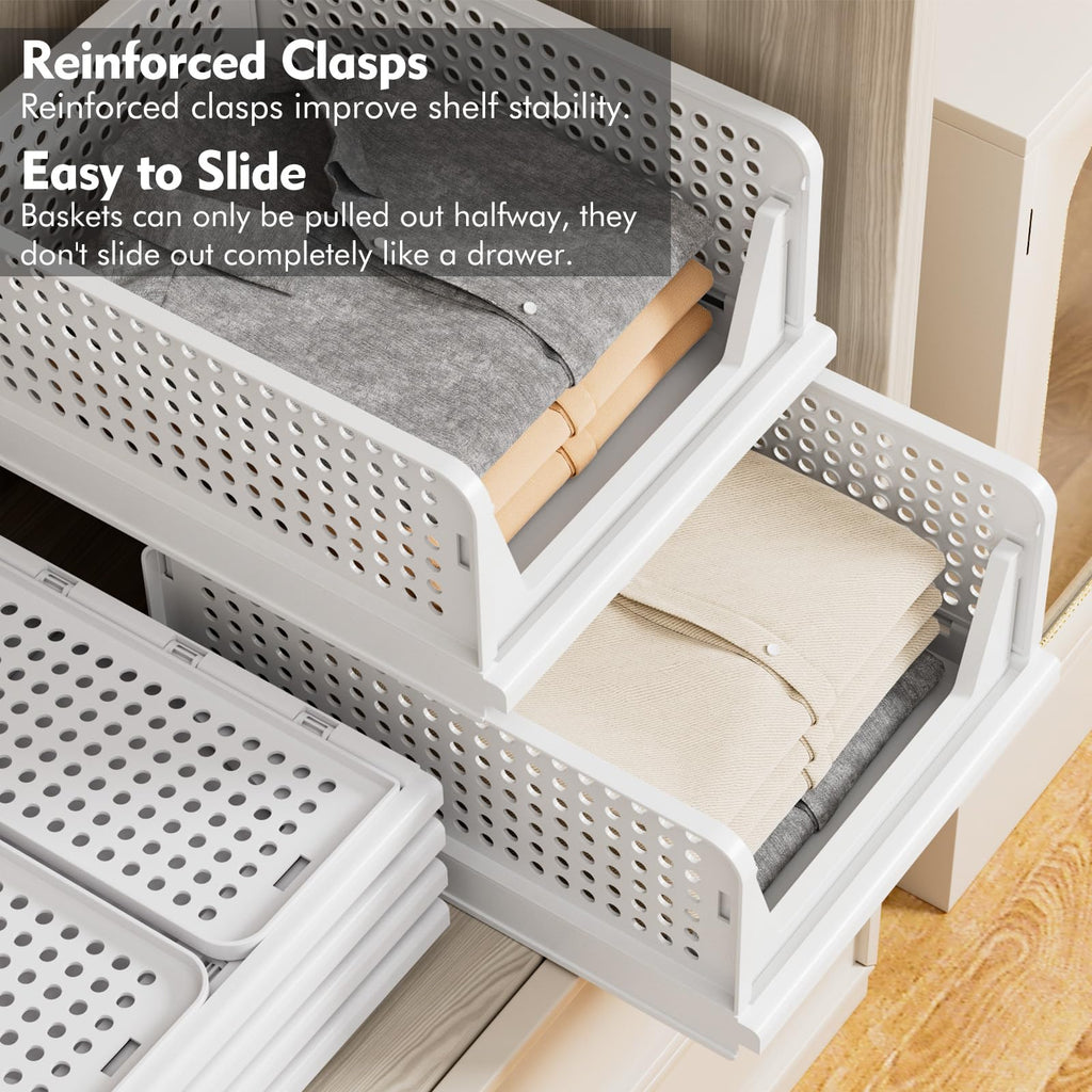 TidyIsles 8 Pack Stackable Closet Storage Baskets – White Plastic Bins