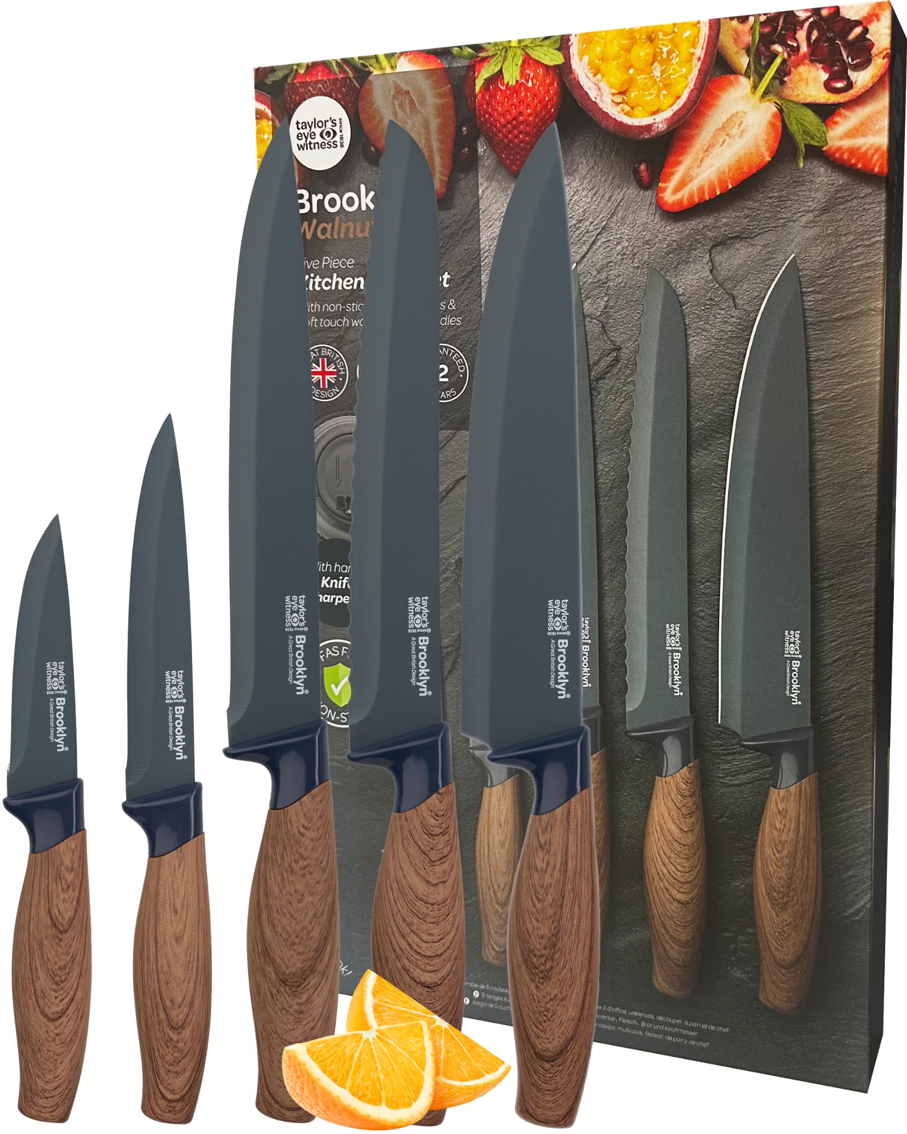 Taylors Eye Witness 5pc Knife Set | Walnut Look & Blue Non-Stick Blades