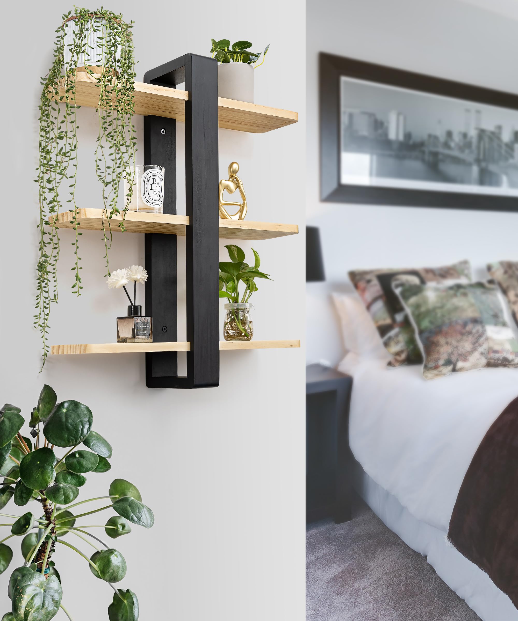 SUMGAR Pine Wood Floating Shelves | 3-Tier 50CM Wall Mounted Shelving