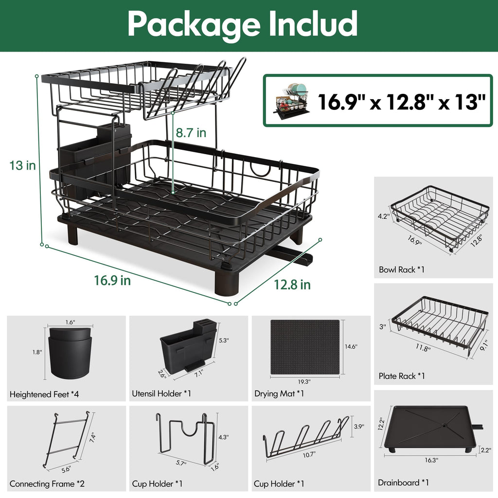 MAJALiS 2-Tier Dish Drying Rack | Rustproof Stainless Steel with Drainboard
