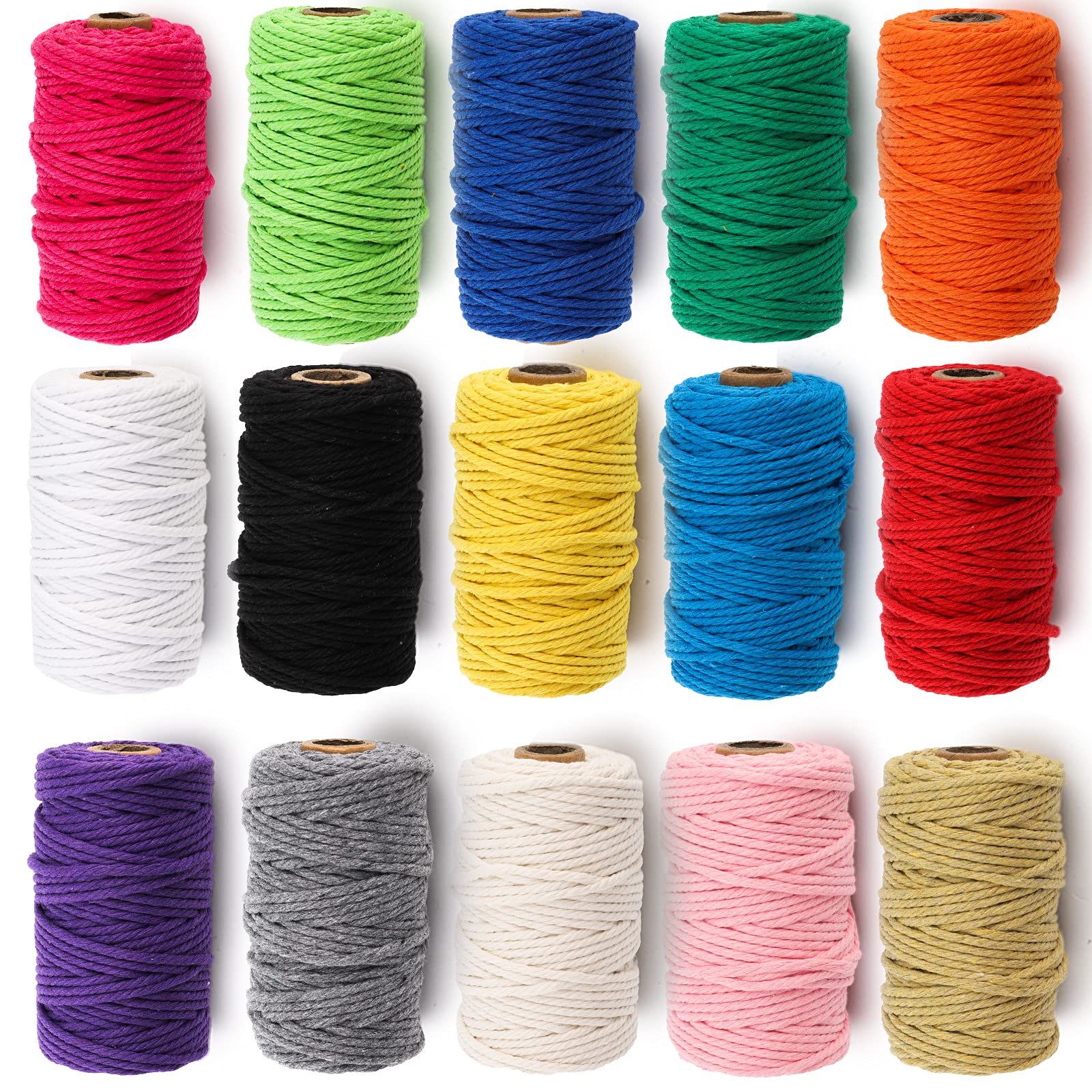 ZEAYEA Macrame Cord | 3mm 4-Ply Natural Cotton Rope for Crafts | 15 Colors