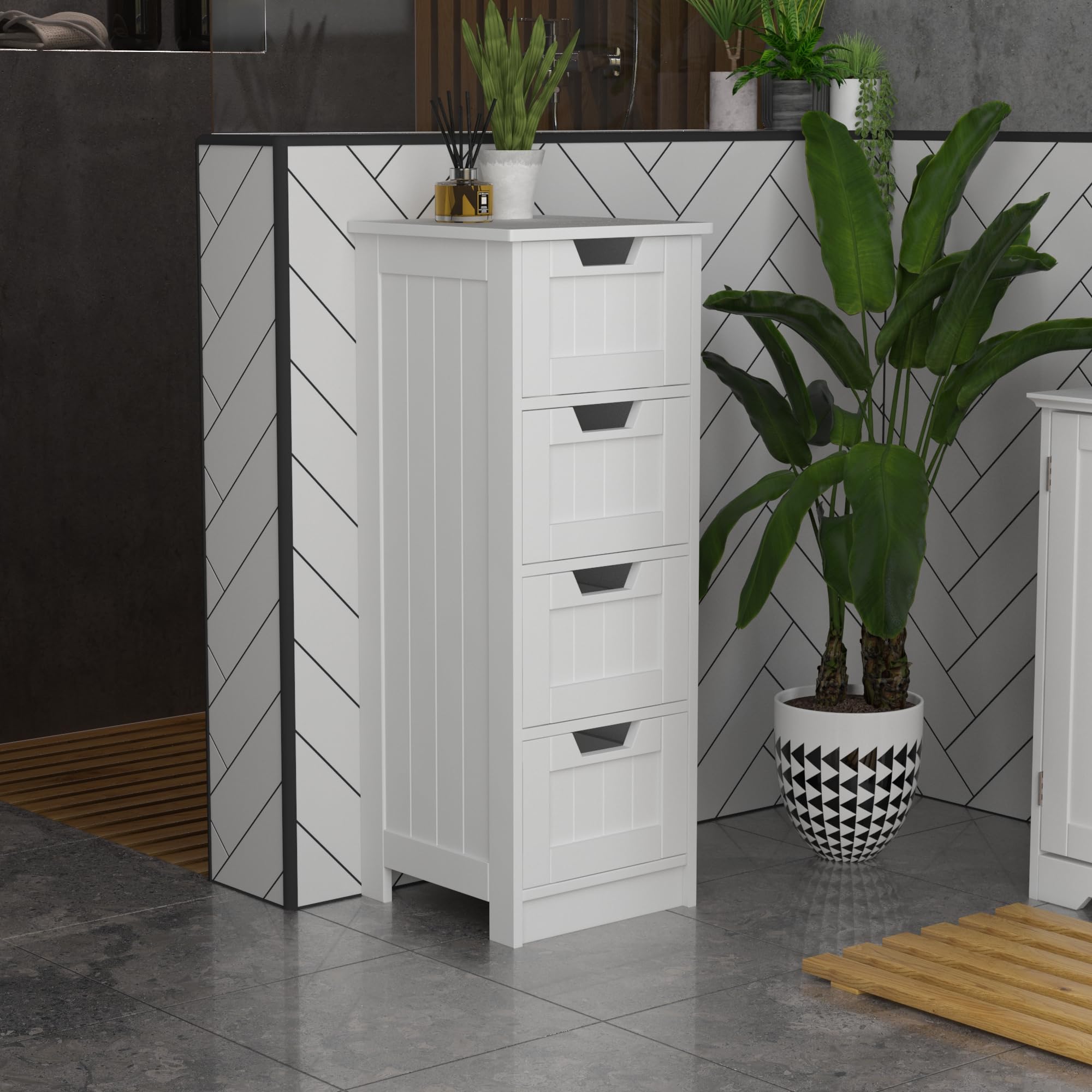 Bath Vida 4-Drawer White Bathroom Storage Cabinet – Wood Floor Unit