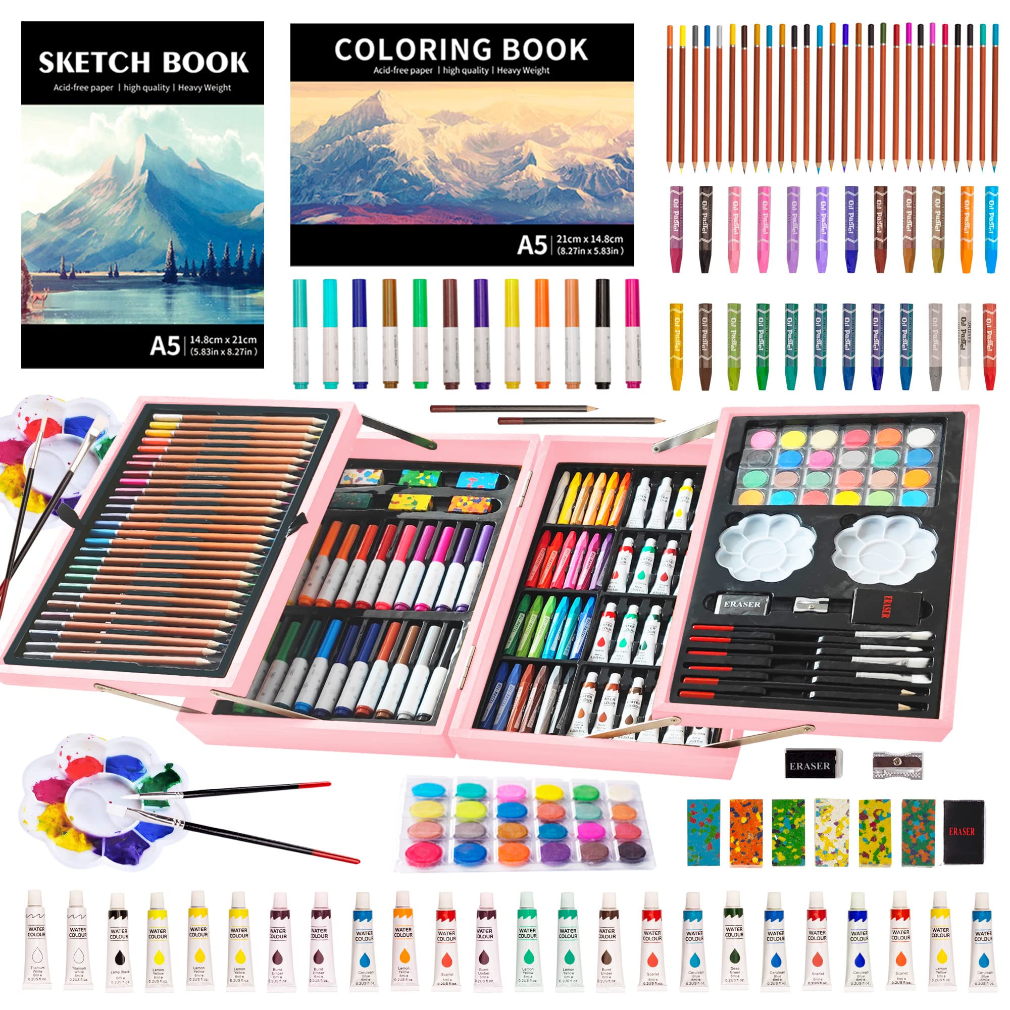 Kinspory 139 PCS Kids Art Set | Deluxe Painting & Drawing Kit - Rose Pink
