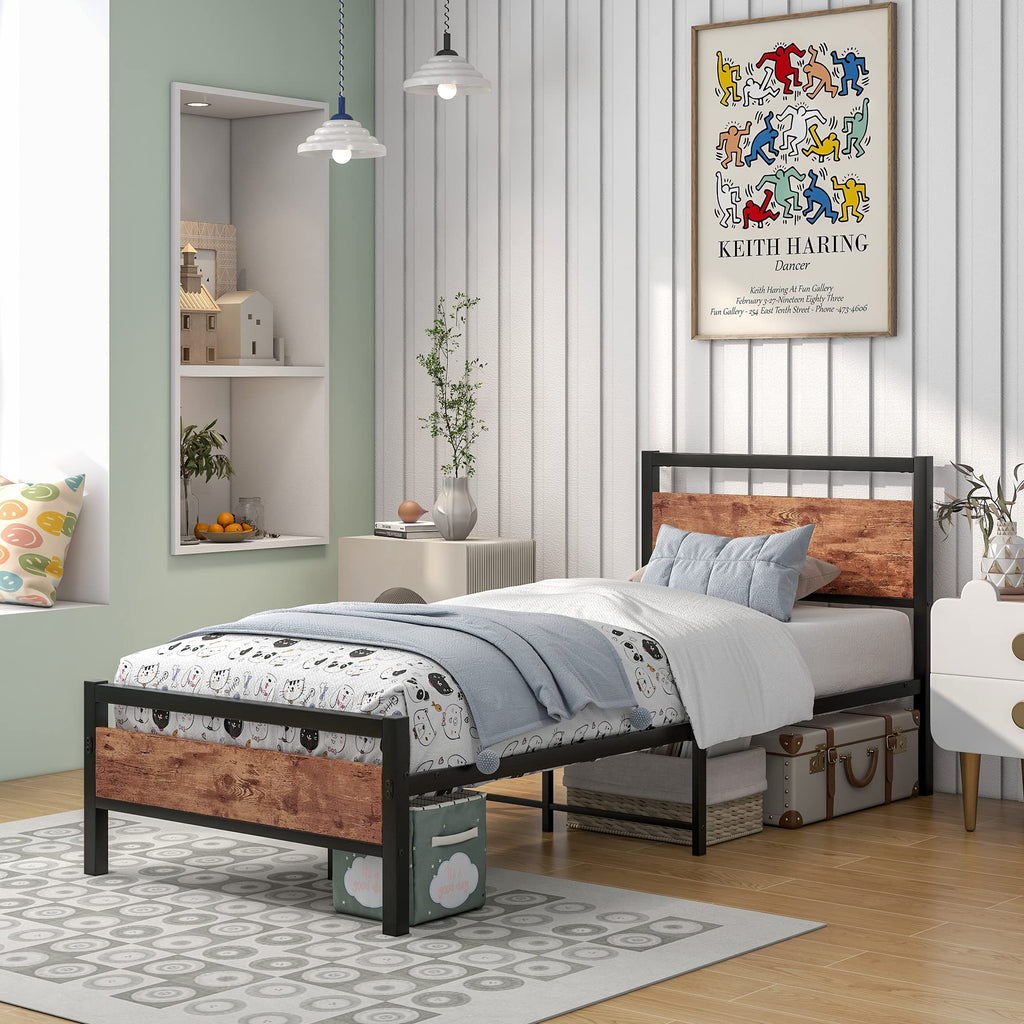 HOJINLINERO Single Metal Bed Frame with Wood Headboard – Industrial Style
