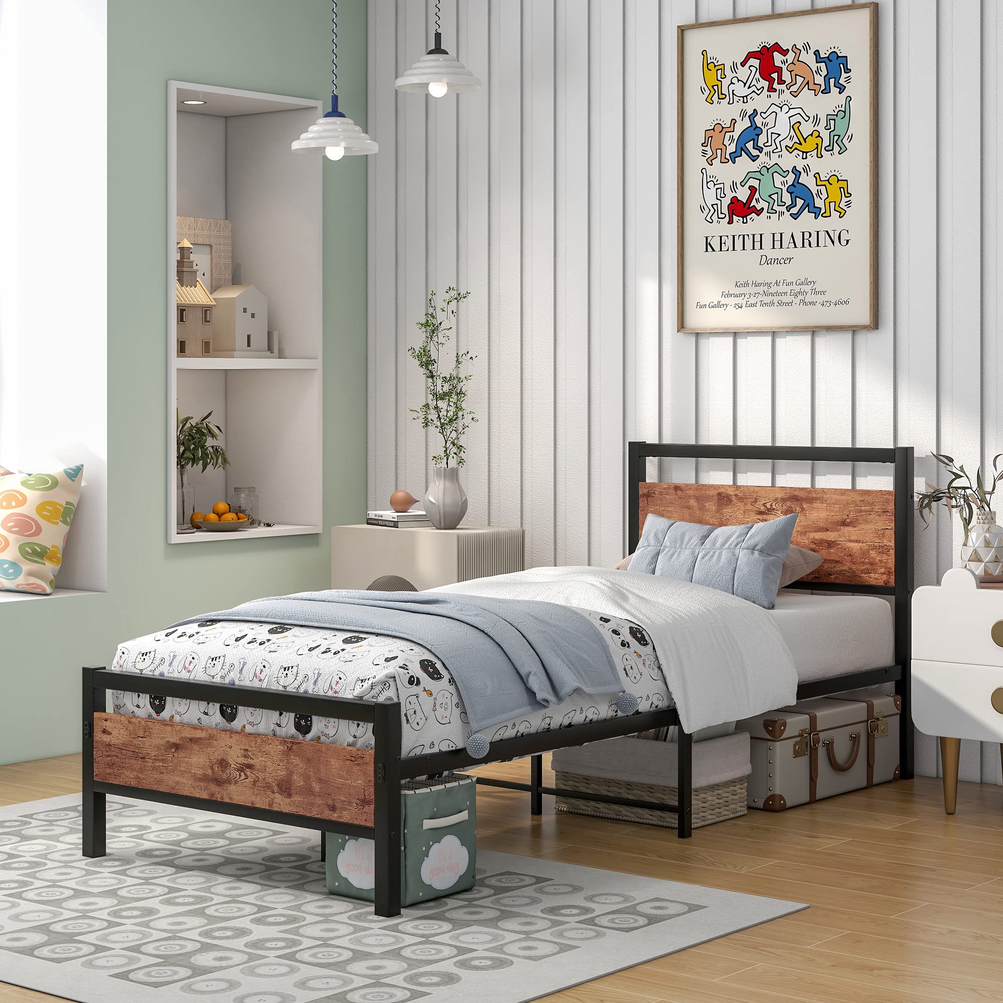HOJINLINERO Single Metal Bed Frame with Wood Headboard – Industrial Style