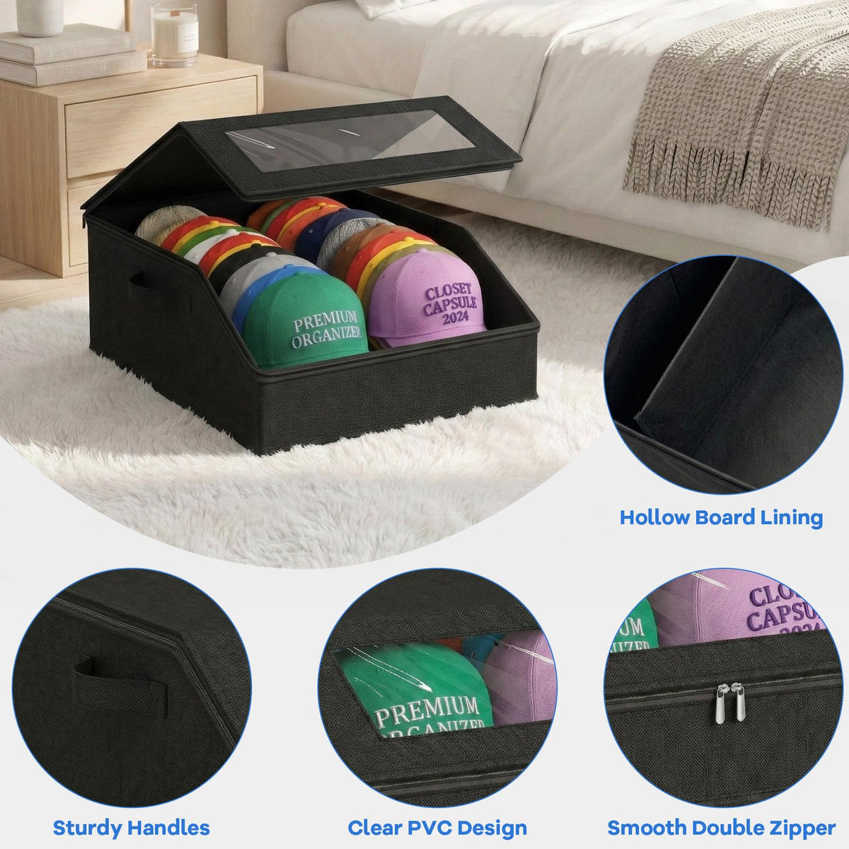 AURIVISTA Hat Storage Box for Baseball Caps, Holds up to 24 Caps,Black - image 5