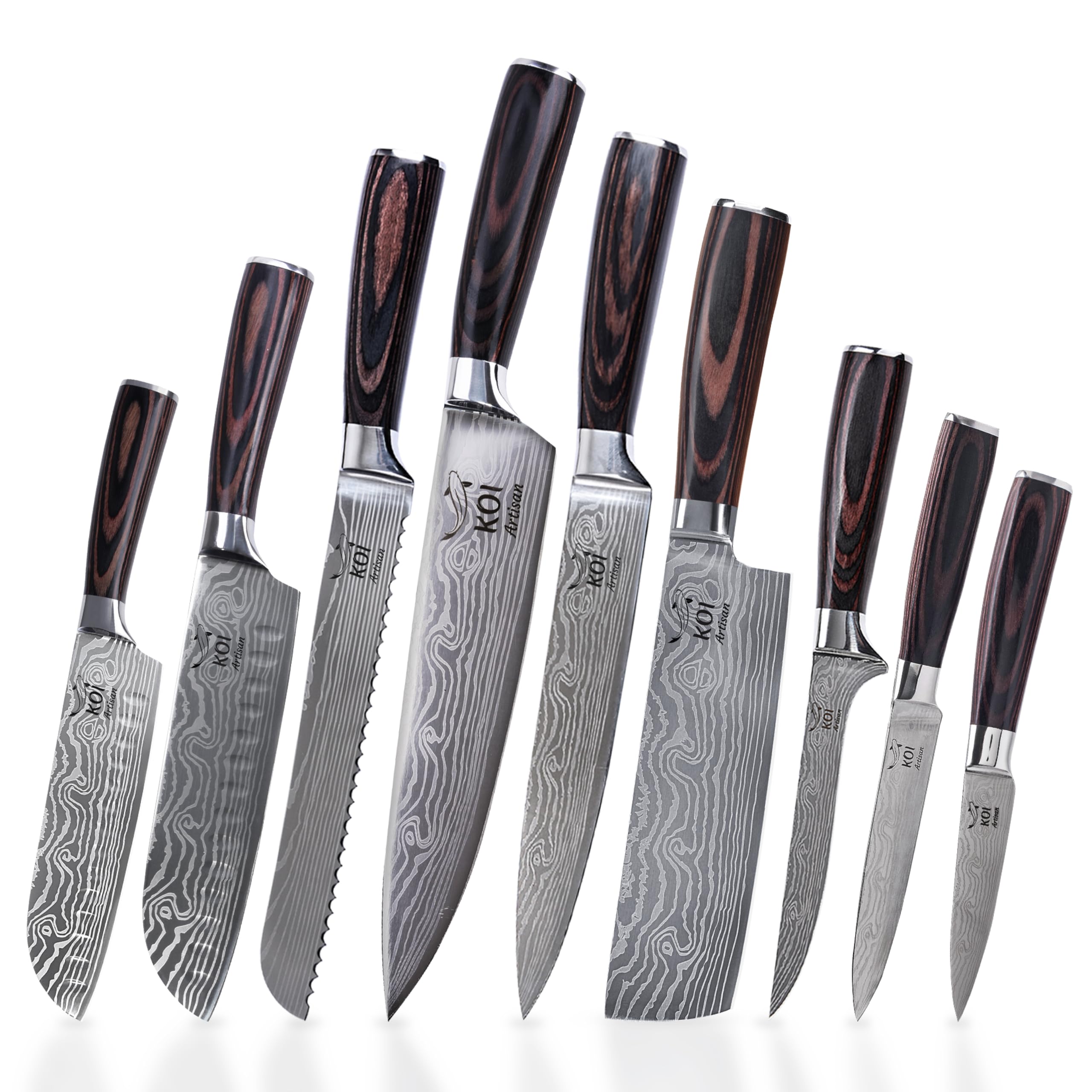 KOI ARTISAN 9-Piece Kitchen Knife Set | Stainless Steel & Pakka Wood