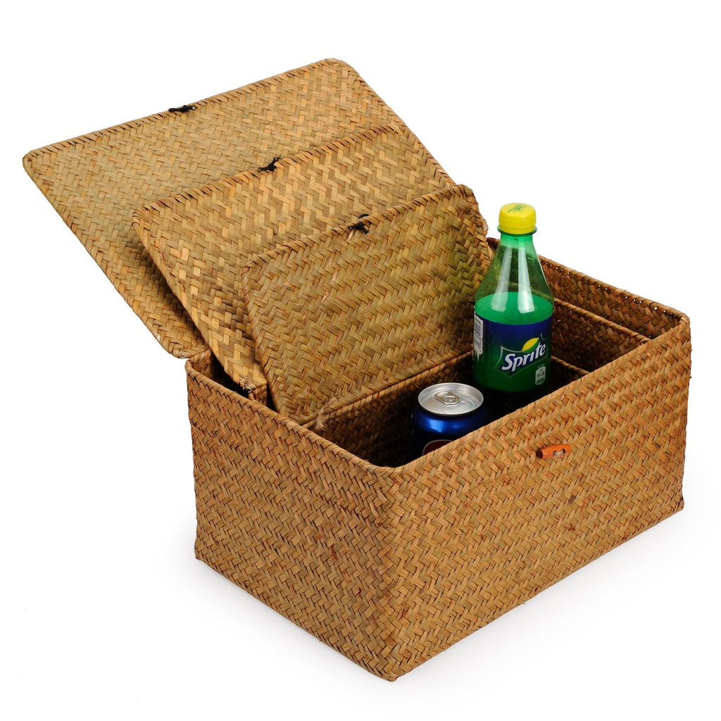 Seagrass Storage Baskets with Lid – Woven Rattan Set of 3