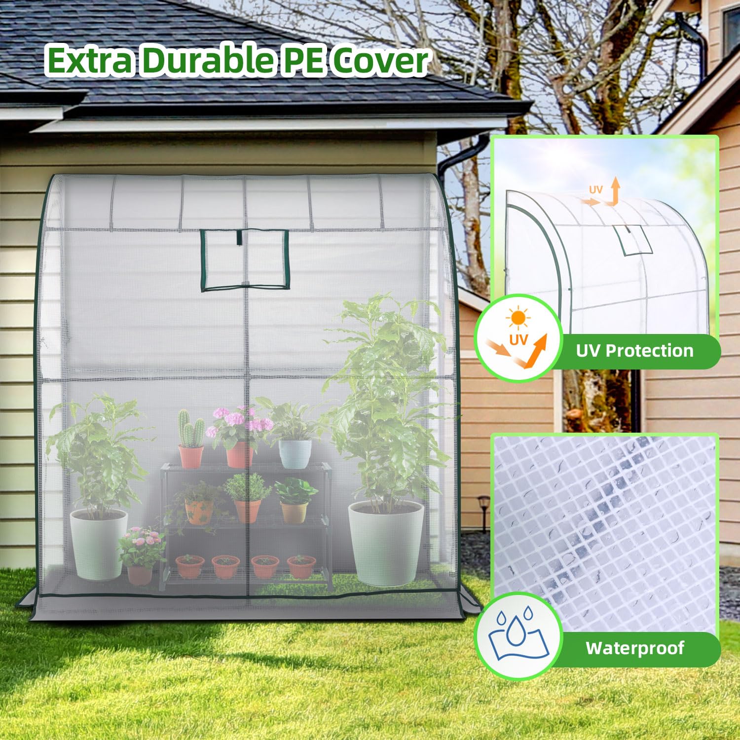Ohuhu Lean-to Walk-in Greenhouse with 3-Tier Shelving - 200x100x210 cm