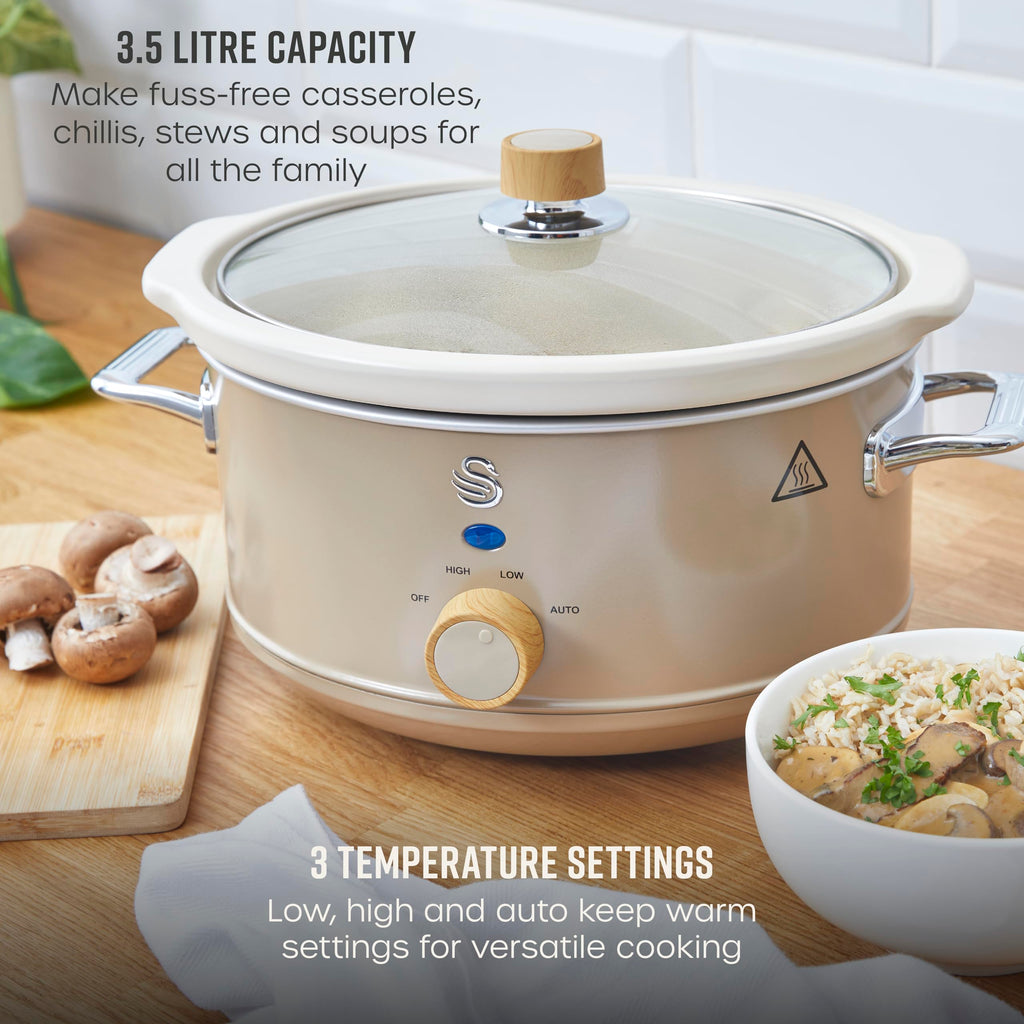 Swan Nordic Slow Cooker – 3.5L Ceramic Pot with Glass Lid, Oatmeal