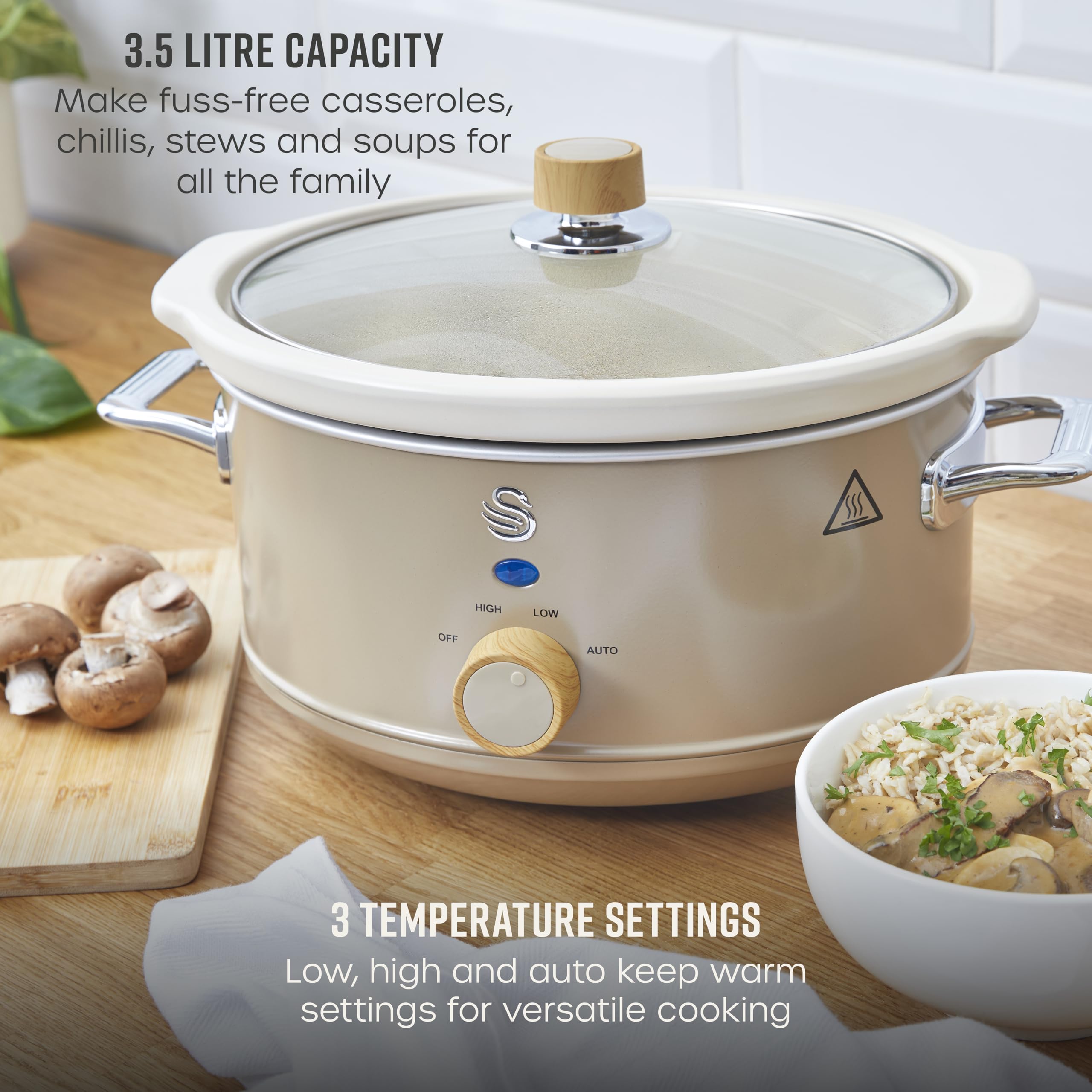 Swan Nordic Slow Cooker – 3.5L Ceramic Pot with Glass Lid, Oatmeal