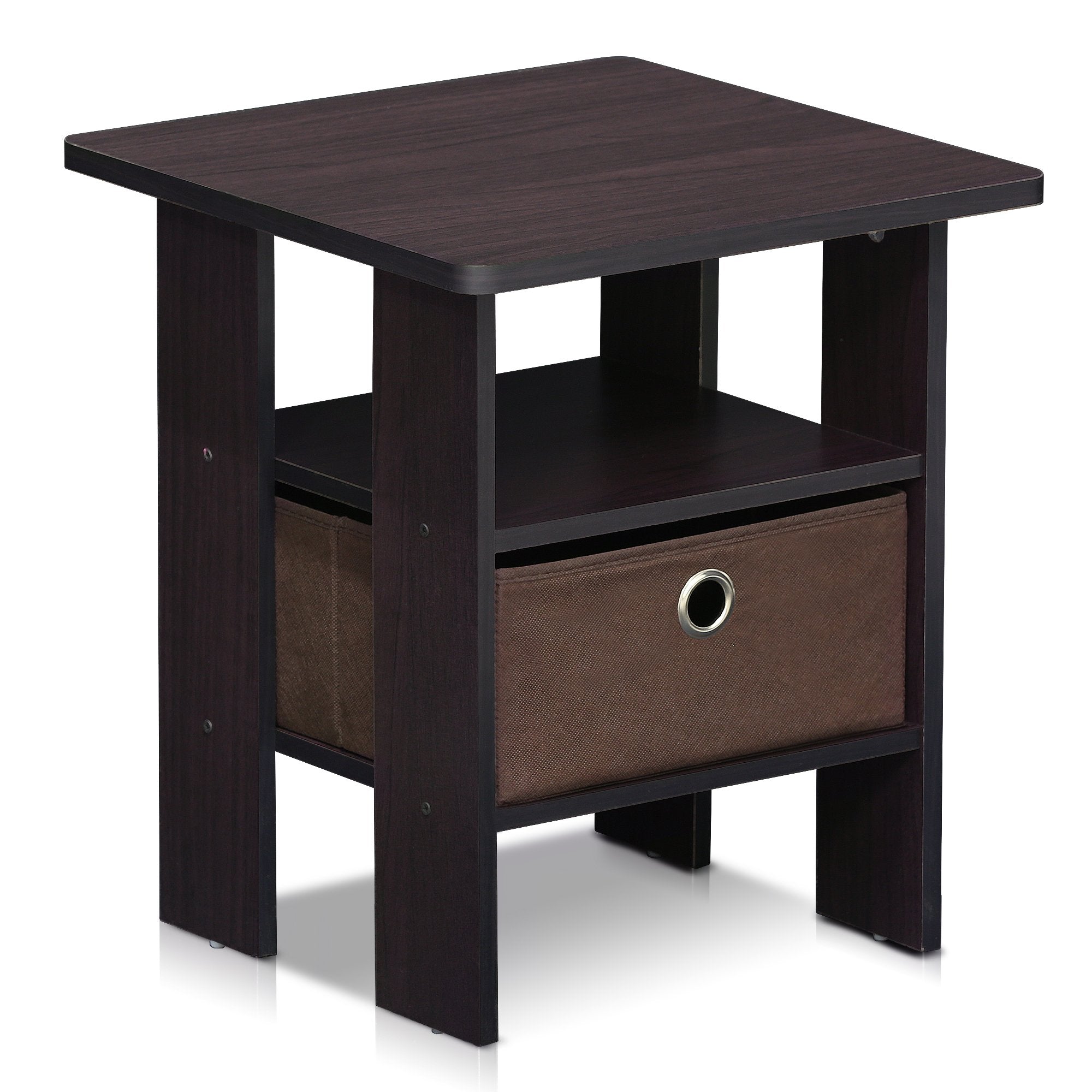 Furinno Andrey Side Table | Nightstand with Storage Bin - Dark Walnut