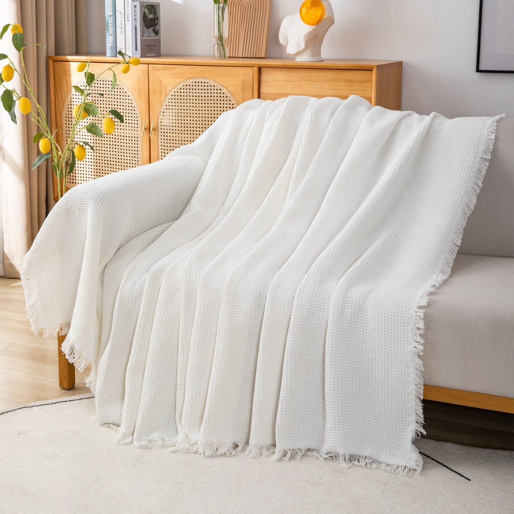 GAOWEI Waffle Sofa Throw – Cotton Couch Cover with Fringe, White 180x300cm