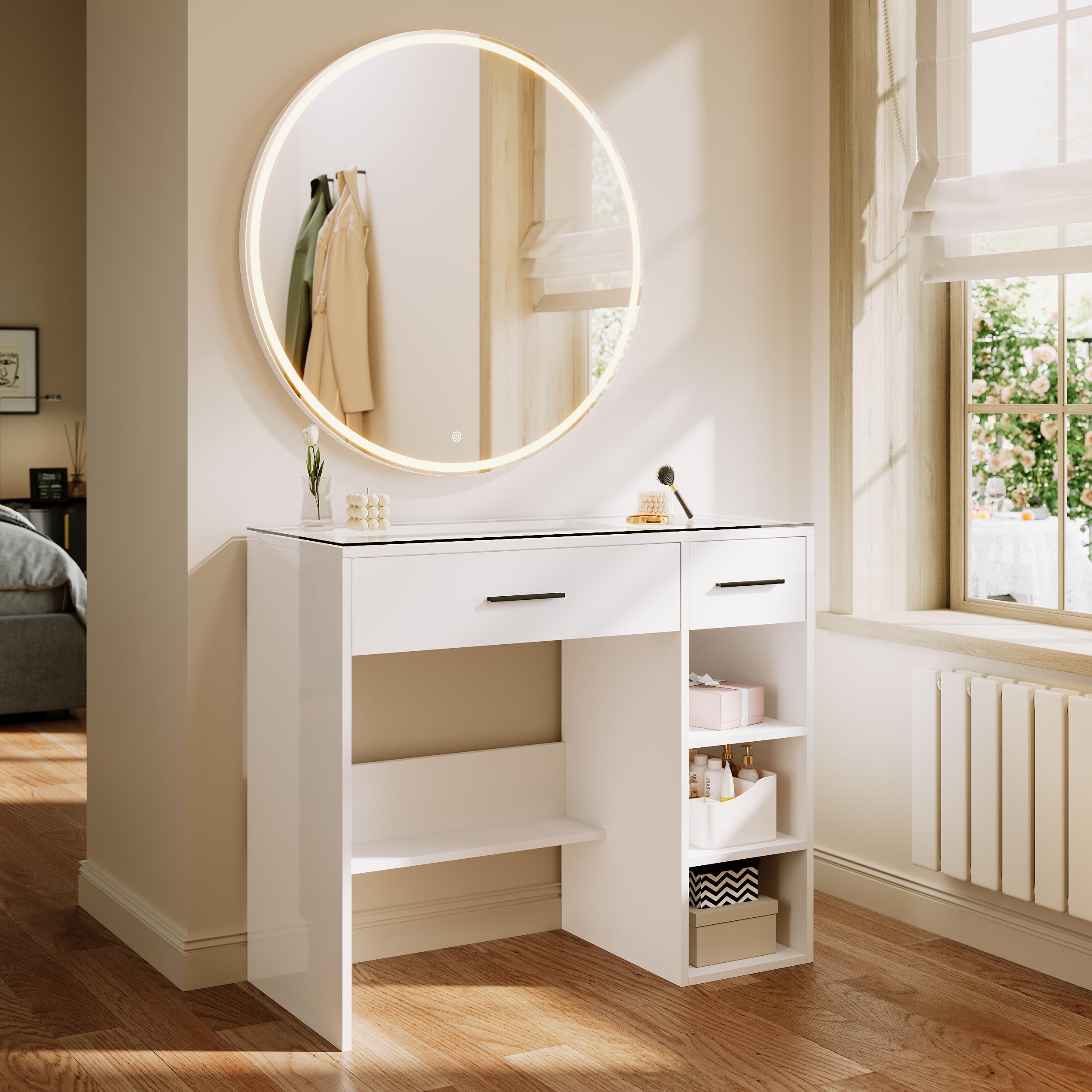 Jolof Store LED Makeup Vanity Table with Glass Top and Mirror – White